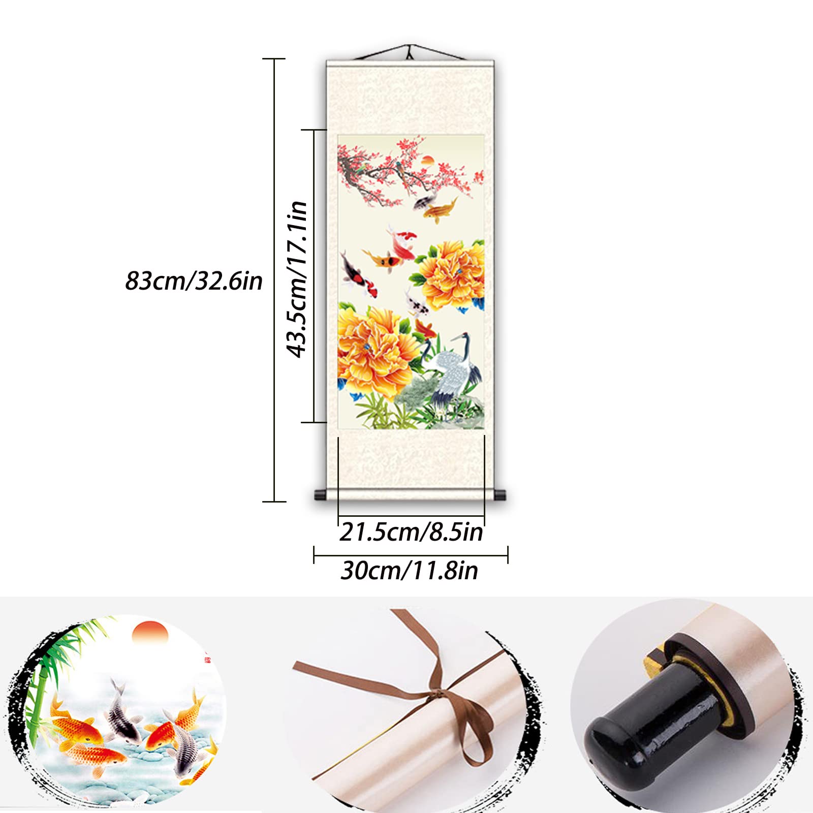 FOVNOT Chinese Silk Scroll Wall Art - Nine Koi Fish Painting with Lotus & Peony, Feng Shui Asian Home Decor, Koi Fish Wall Hanging Scroll