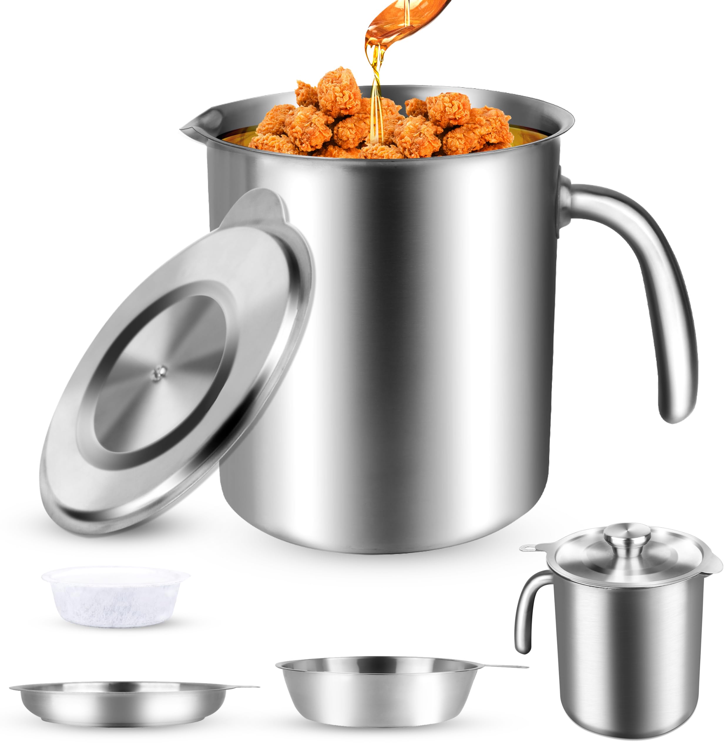 304 Home Steel Kitchen Oil Filter Kettle, Large Capacity 2 Liters/68 oz Increased Activated Carbon Filtration, Activated Carbon Filter Deodorizes and Filters Ultra-Fine Oil Scum