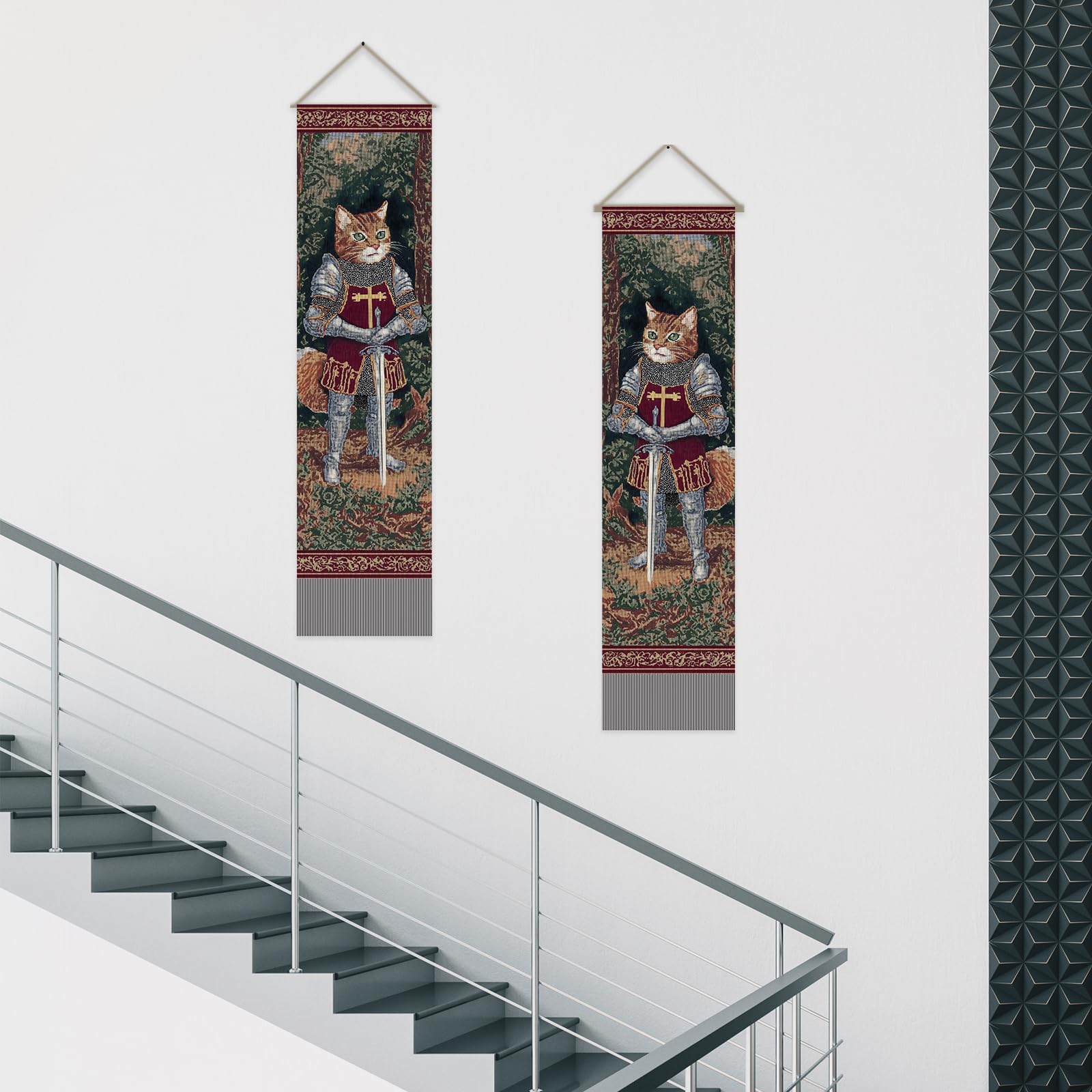 SUPERDANT Ritter Katze Schmale Wandteppich 2 teiliges Set Polyester Rechteck Wandbehang für Wohnung Wohnzimmer Schlafzimmer Eingangsbereich Flur Studentenzimmer Büro Vertikale Wandkunst Deko 130x33cm