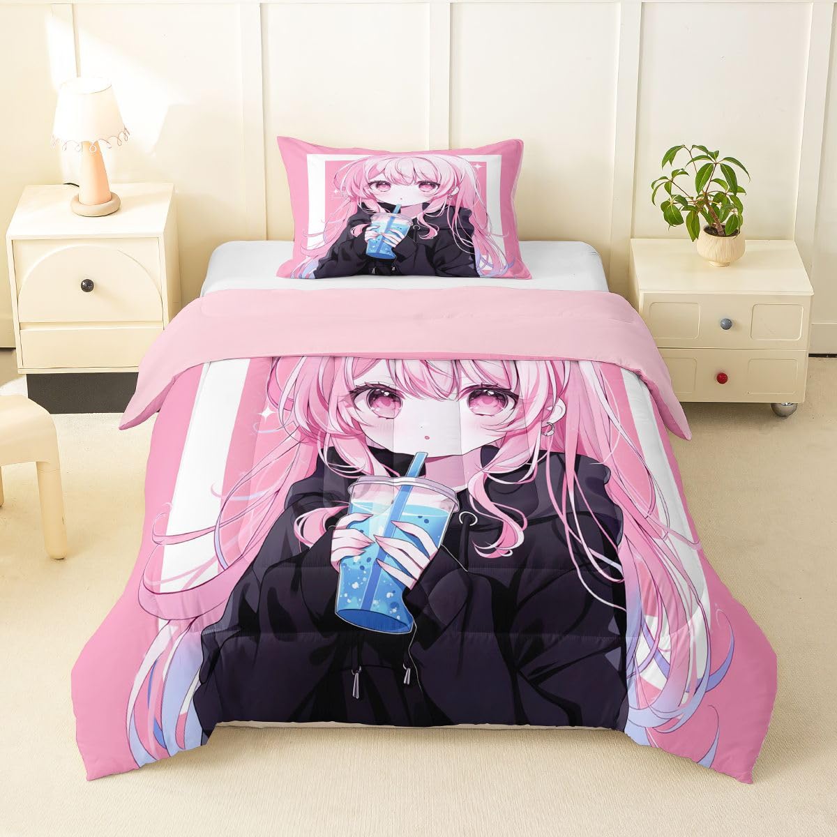 Erosebridal 3D Japanese Kids Comforter Set | Anime Girl Drinking Milk Tea Bedding Twin Size Cute Kawaii Girly Down Comforter Modern Fashion Aesthetic Duvet Set for Bedroom