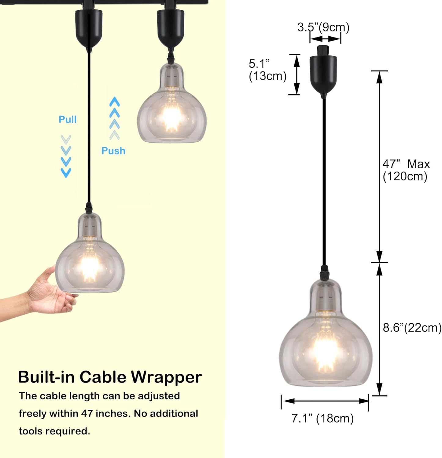 Kiven J-Type Track Lighting, 3-Light Modern Juno Track Pendant Light with Clear Glass Lampshade, J Track Light Pedant Adjustable Length for Bedroom Kitchen Shop,7.1" in Dia