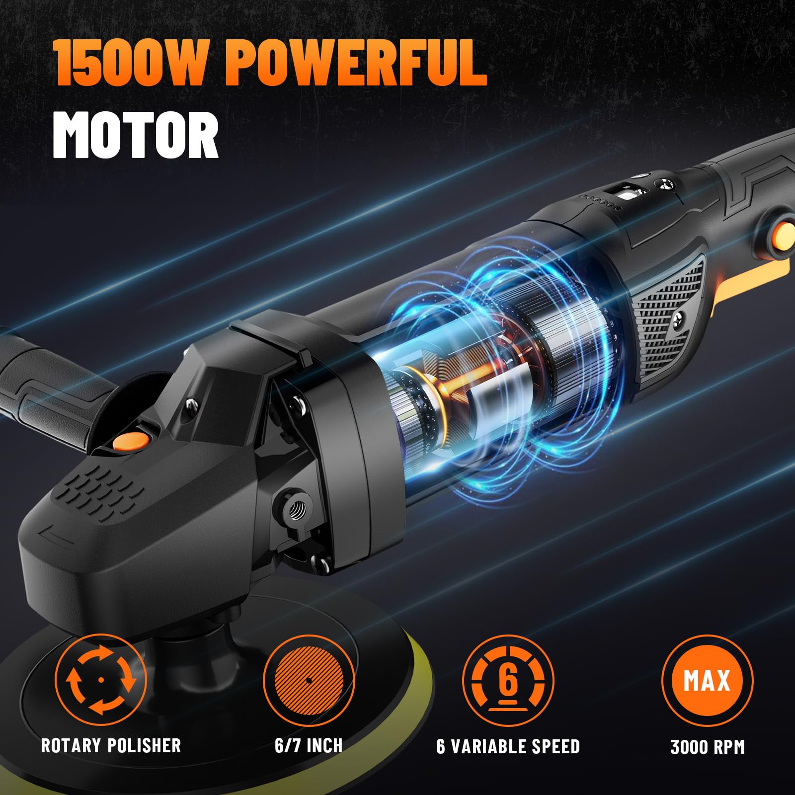 PLS03A Buffer Polisher Kit for Car, 12.5 Amp 6 Inch/7 Inch Rotary Car Polisher Waxer, 6 Variable Speed 1000-3000rpm, Detachable Handle, Car Polishing Machine for Car Detailing, Polishing and Waxing