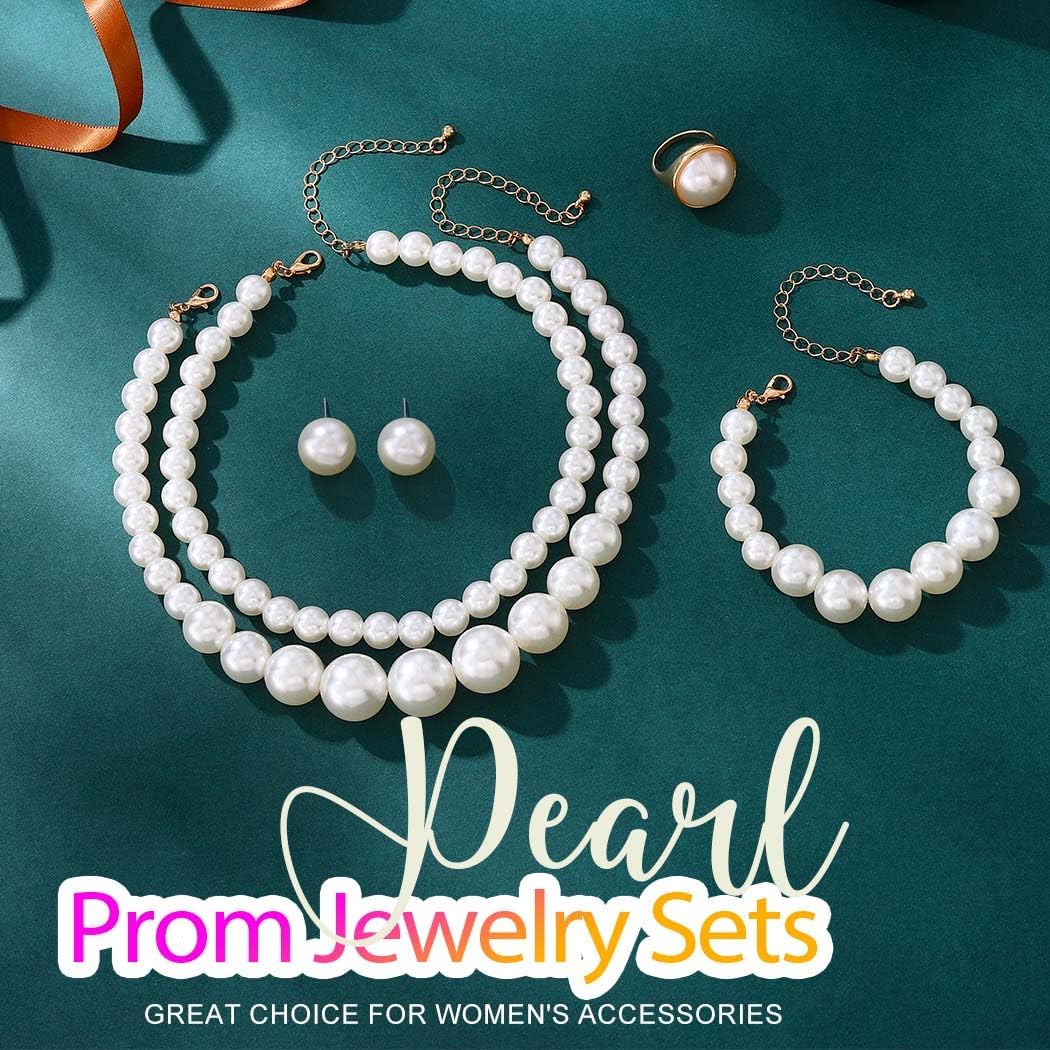 Aukmla Pearl Jewelry Set Gold Pearls Choker Necklaces and Earring Bracelet Ring Set Layered Wedding Costume Jewelry for Brides and Women
