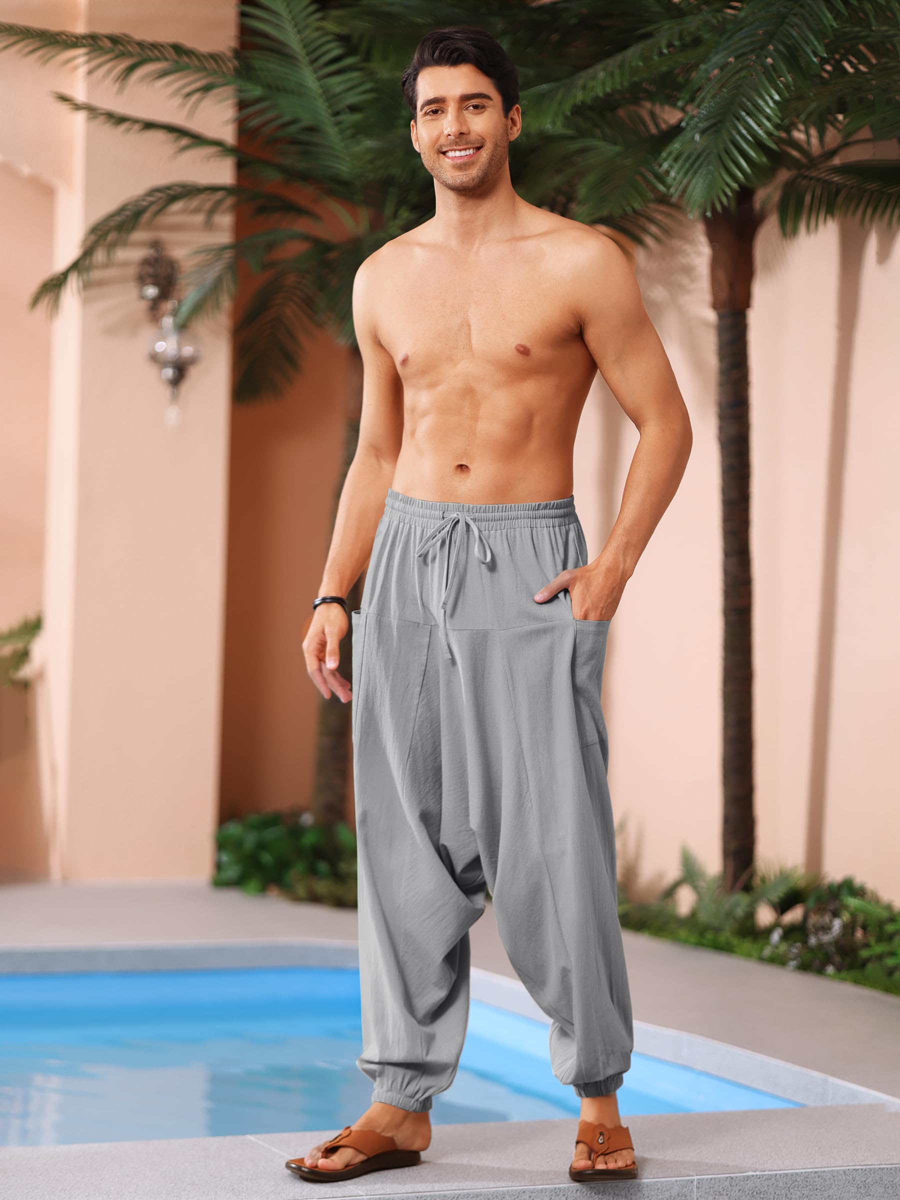 Runcati Pantalon sarouel baggy hippie décontracté en lin pour homme - Pantalon de yoga - Pantalon de plage