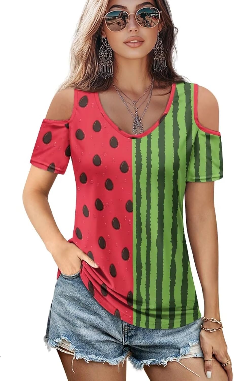 Women's Short Sleeve Cold Shoulder Tops Sexy V Neck Summer Casual Graphic Printed Tees