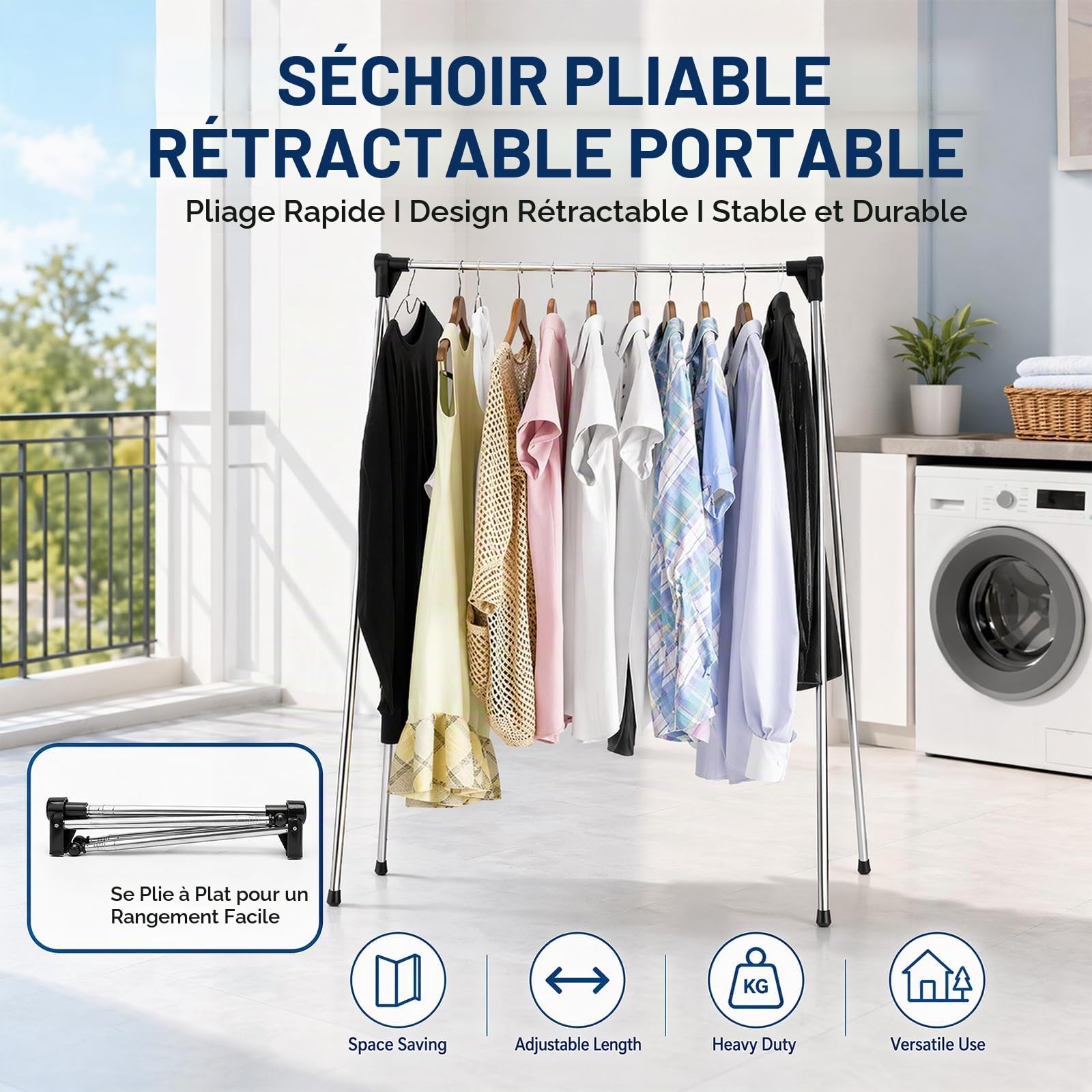 Portant à Vêtements Pliable Acier Inoxydable Télescopique Réglable, Support Portable pour Voyage, Camping, Petit Appartement & Séchage Linge