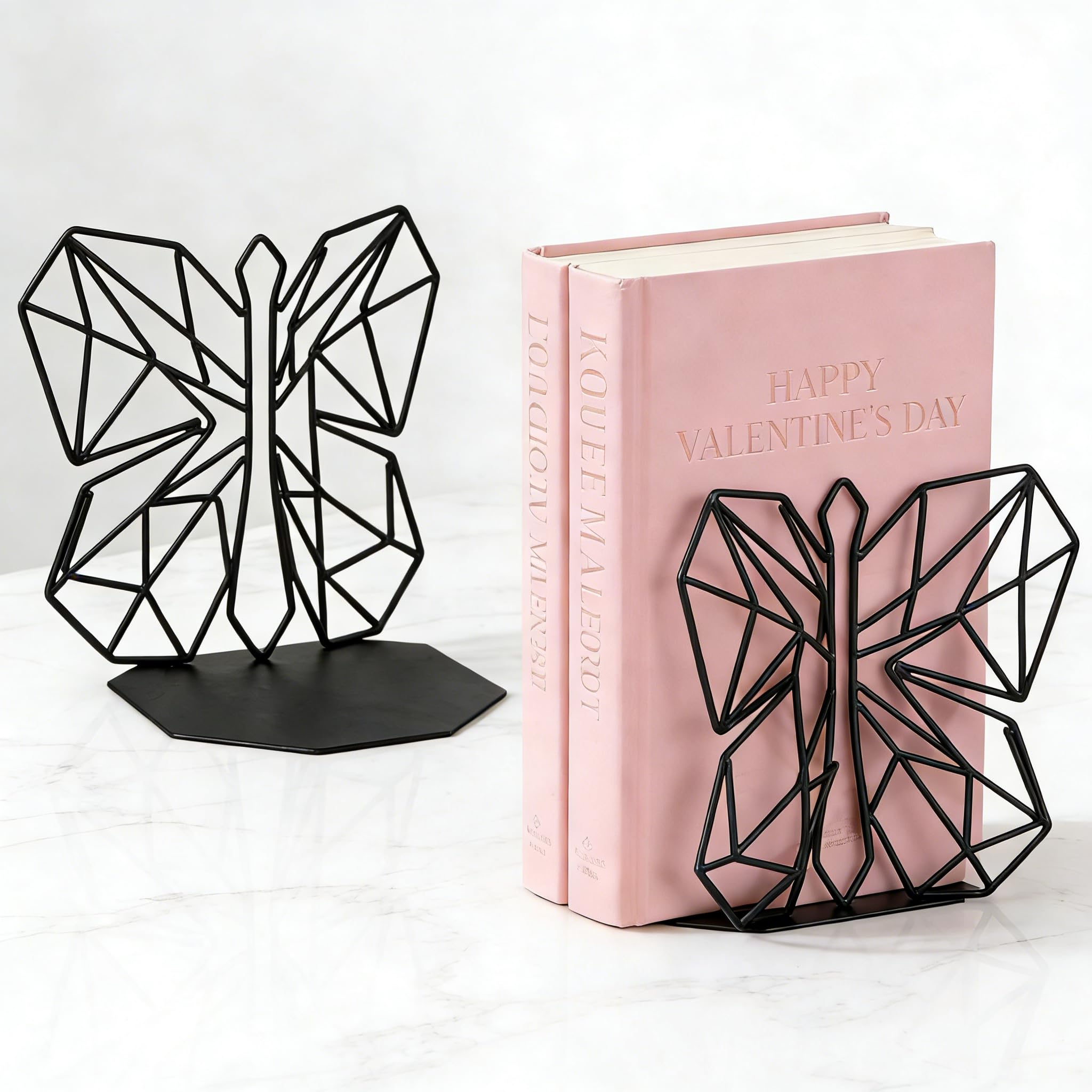 Alsonerbay Bookends Geometric Decorative Metal Book Stoppers Abstract Creative Book Supports, Book Holders for Shelves, Butterfly Book Ends for Office