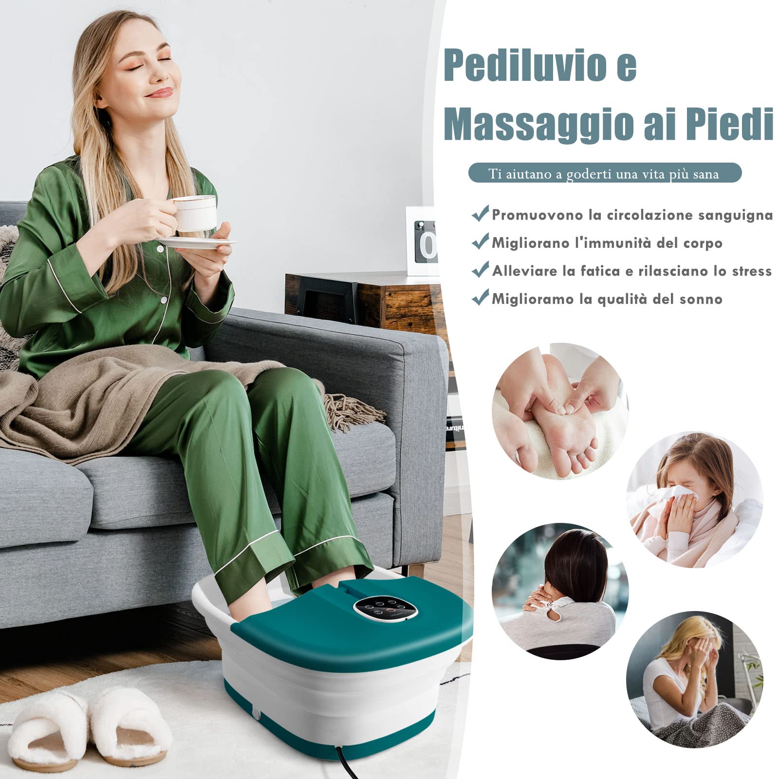 RELAX4LIFE Pediluvio Massaggiatore Piedi con Bolle di Vibrazione e Rulli, Idromassaggio Piedi con 3 Temperature Regolabili e Timer 20-60 Min, Perfetto per Sollievo dallo Stress (Verde scuro)