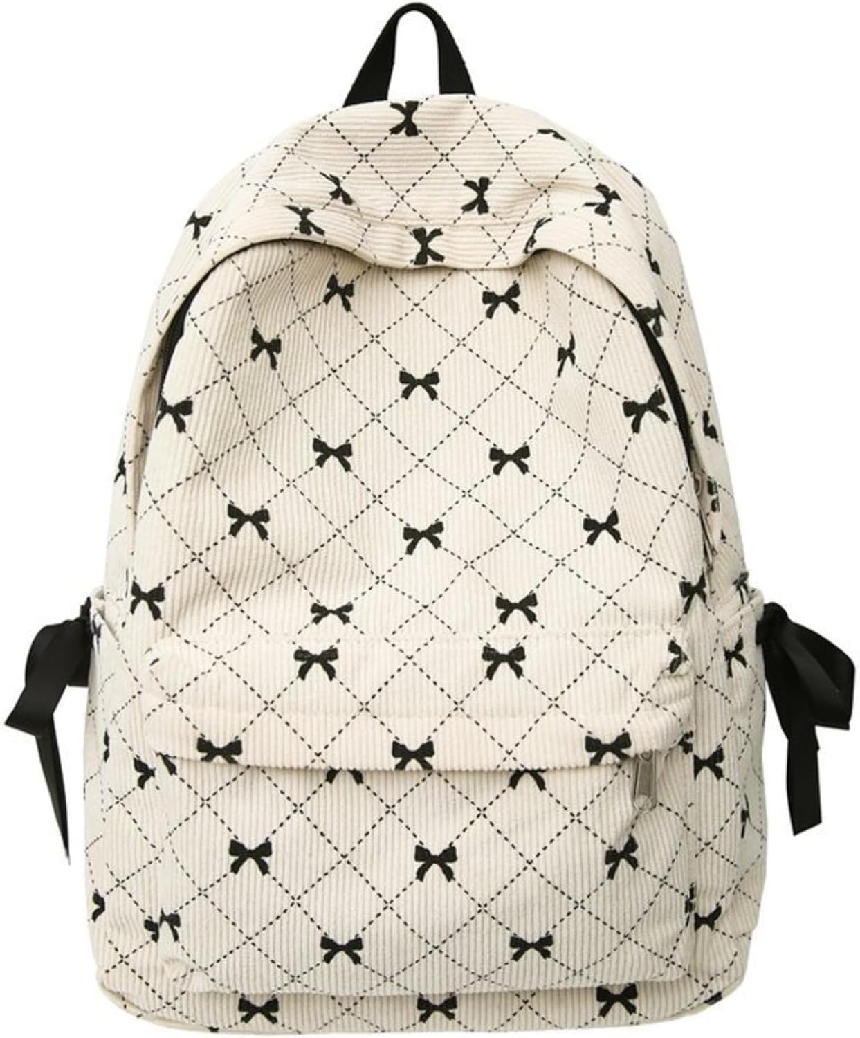 Cute Bow Print Corduroy Backpack for Women College Preppy Kawaii Coquette Laptop Book Bag Korean Aesthetic Daypack (White)