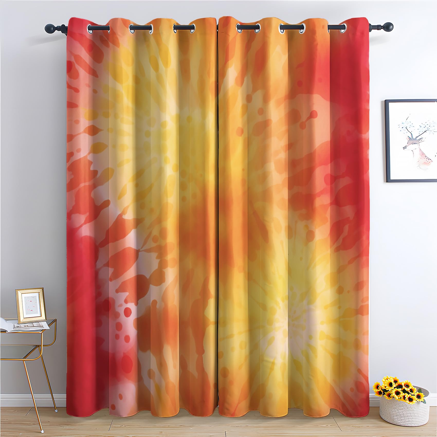 Tie Dye Red Orange Yellow Curtains for Bedroom Living Room, Girls Women Patterned Blackout Curtains, Thermal Insulated Eyelet Curtain, 90 Drop Window Treatments Drapes, 66x90 Inch (W x L), 2 Panels