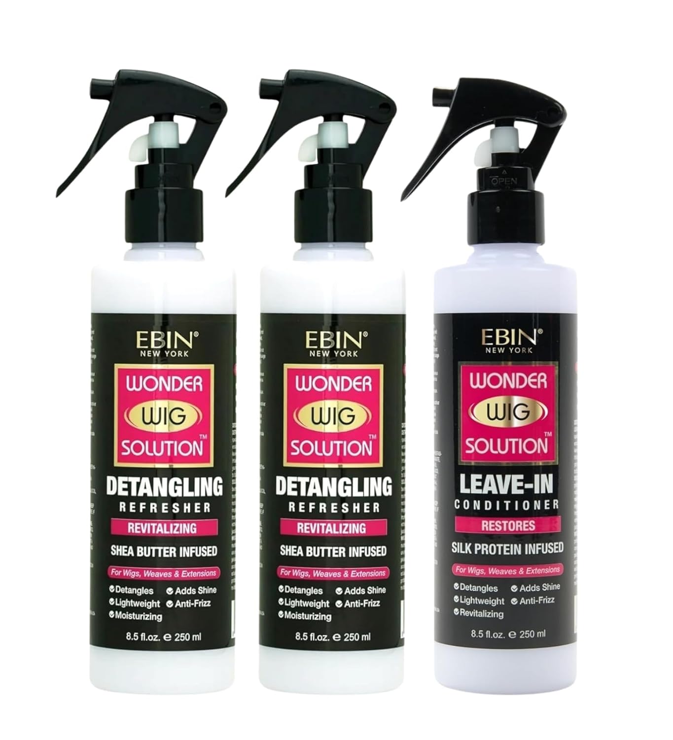 EBIN NEW YORK Wonder Wig Solution Leave-In Conditioner Spray 8.5 oz Bundle with 2x Wonder WigSolution Detangling Refresher Spray 8.5 oz – Hydrating, Detangling, Wig Care – Gift Set (3 Items)