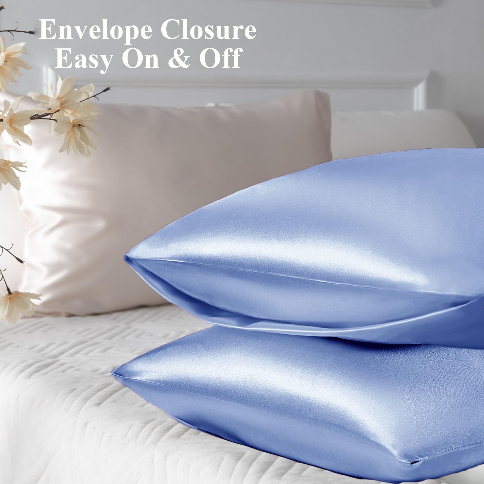Vielit 2 Pack Satin Pillowcase for Hair and Skin Cooling,Soft as Silk Pillowcase for Hair and Skin,Easier Care than Silk Pillow Case Blue 50x75cm Gifts for Women Envelope & 2 Scrunchies - Image 3