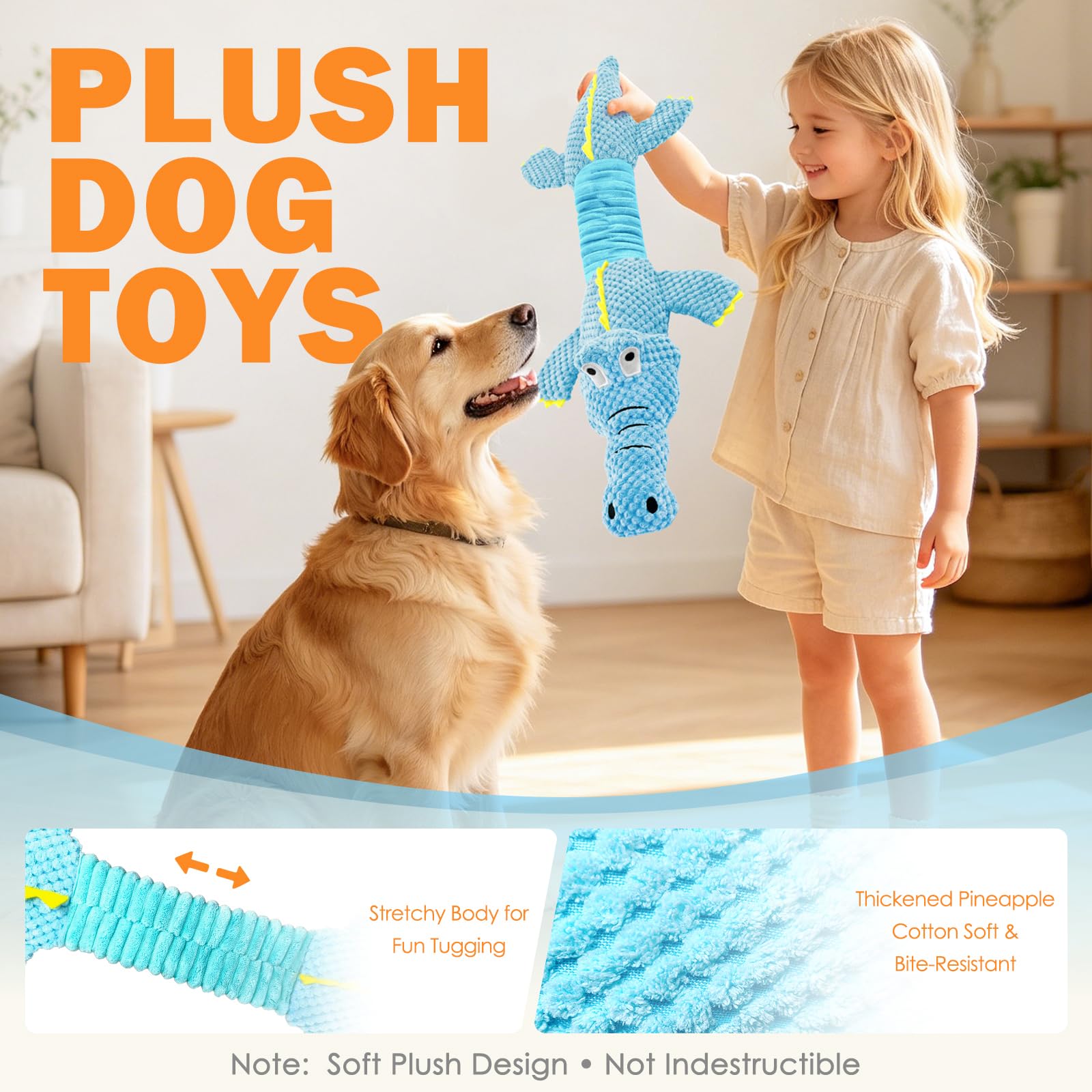 WOWBALA Großes quietschendes Hundespielzeug, interaktives Tauziehen, Hundespielzeug für kleine bis große Rassen, Plüsch-Welpenspielzeug mit Knisterpapier, um sie zu beschäftigen, tägliche Begleitung