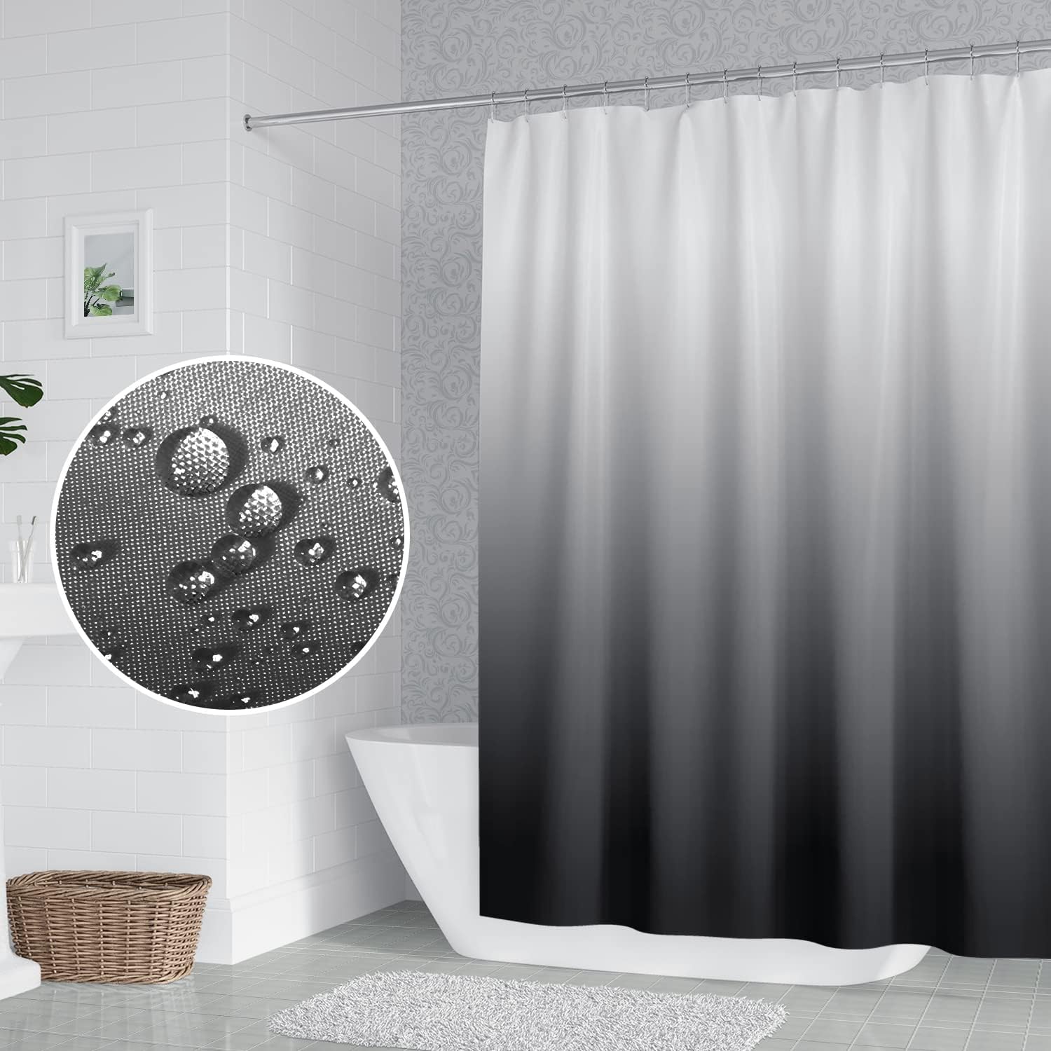 Ombre Fabric Shower Curtain for Bathroom Gradient White and Black Modern Simple Shower Curtain 72 x 72 Inch Polyester Waterproof Unique Tub Curtain Decorative with 12 Hooks