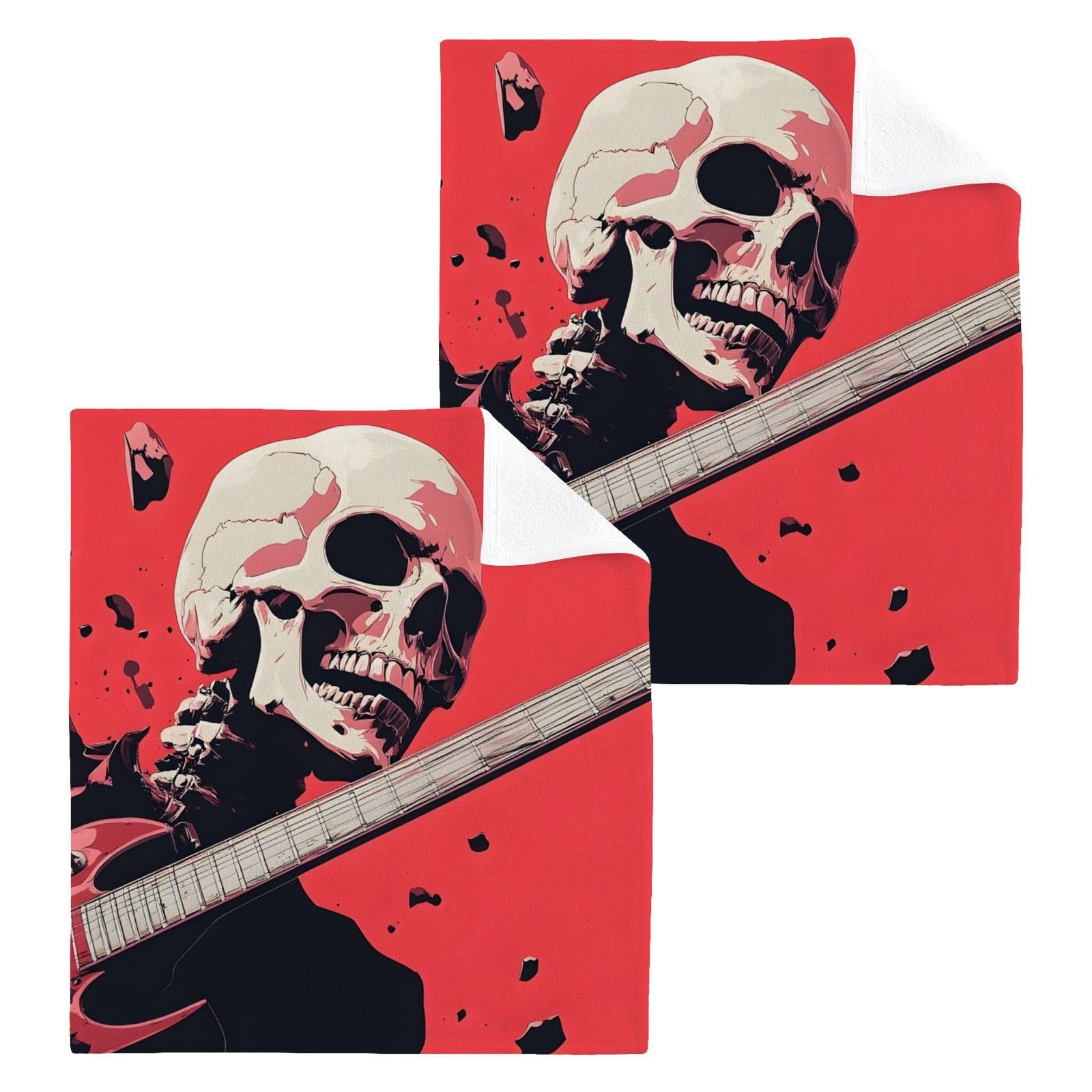 YANENDIE Skeleton Rock Washcloths Towels, Highly Absorbent and Soft Cotton Face Cloths, 2 Pack Quick Dry Wash Cloths - 12 X 12 Inches