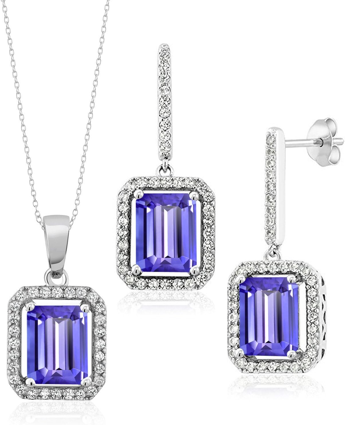 Gem Stone King 7-11 Cttw Gemstone Birthstone Pendant and Earrings Jewelry Set For Women | 925 Sterling Silver | Emerald Cut 9X7MM | With 18 Inch Chain | Fine Jewelry Gifts for Her Mom Women Wife