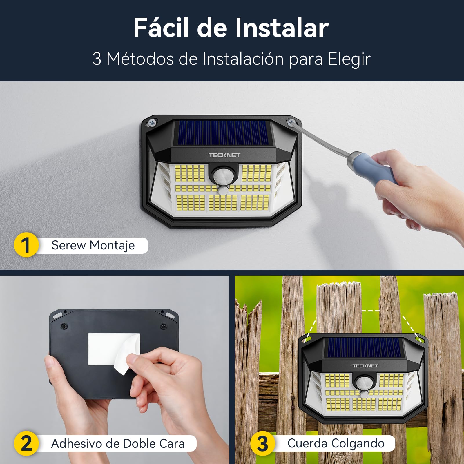 TECKNET Luz Solar Exterior, 231 LED/300° Iluminación (Ilumina 35㎡) Brillo Alto Luces Solares con Sensor de Movimiento, 3 Modes IP65 Impermeable Focos Led Solares para Jardín, Garaje, Patio, 4 Paquete