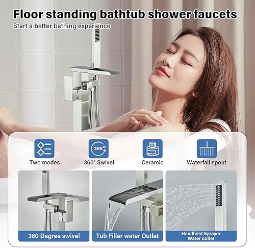 YAGATAP Grifo de bañera independiente para montaje en el suelo, grifo de ducha de alto flujo dorado cepillado con mezclador de ducha de mano,