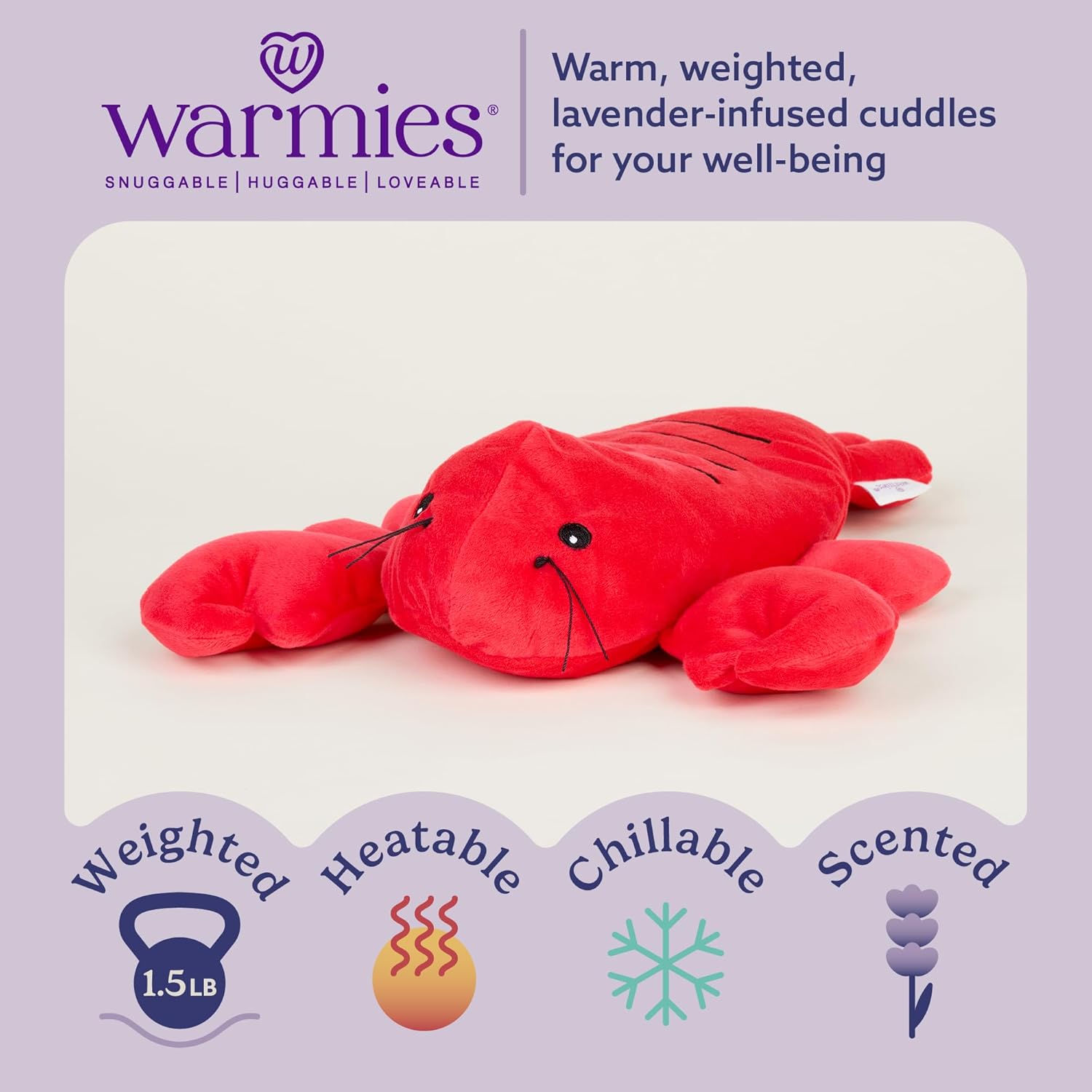 warmies Heatable & Coolable Weighted Stuffed Animals, Lobster - Soothing Warmth & Cooling Relief Weighted Plush - Lavender Scented Plushies for Adults & Children (Boys, Girls, Babies & Toddlers)