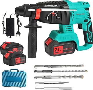 Martillo Perforador a batería 21V, Martillo Percutor SDS Plus,2 * 4.0 Ah Batería, 6 Brocas, Perforación, Martilleo y Demolición