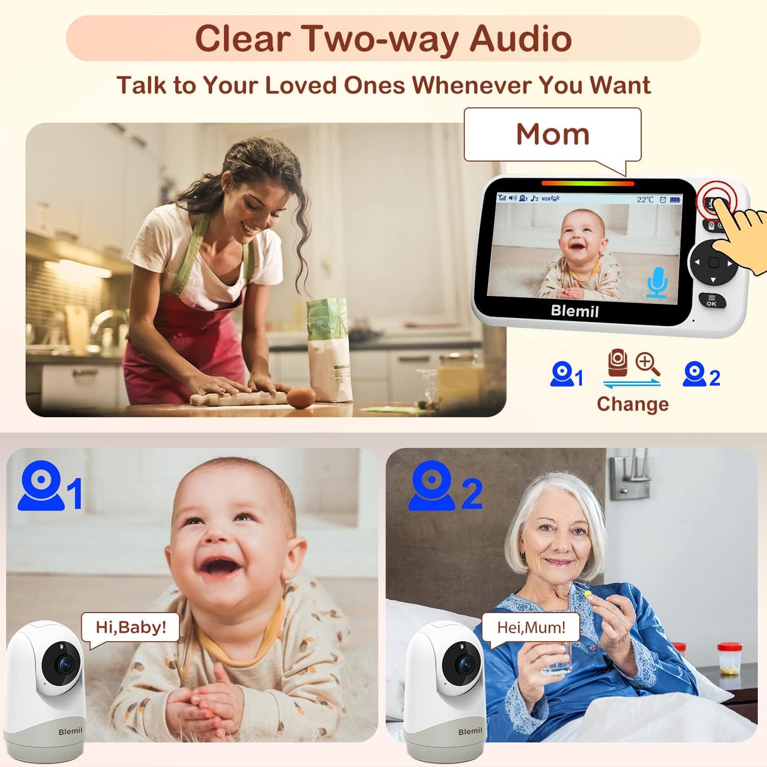 Blemil Babyphone mit 2 Kameras und Audio 30 Stunden wiederaufladbare Batterie, 5" großer geteilter Bildschirm, ferngesteuerte Schwenk-/Neige-/Zoom-Kamera, Zwei-Wege-Gespräch, Nachtsicht, kein WiFi