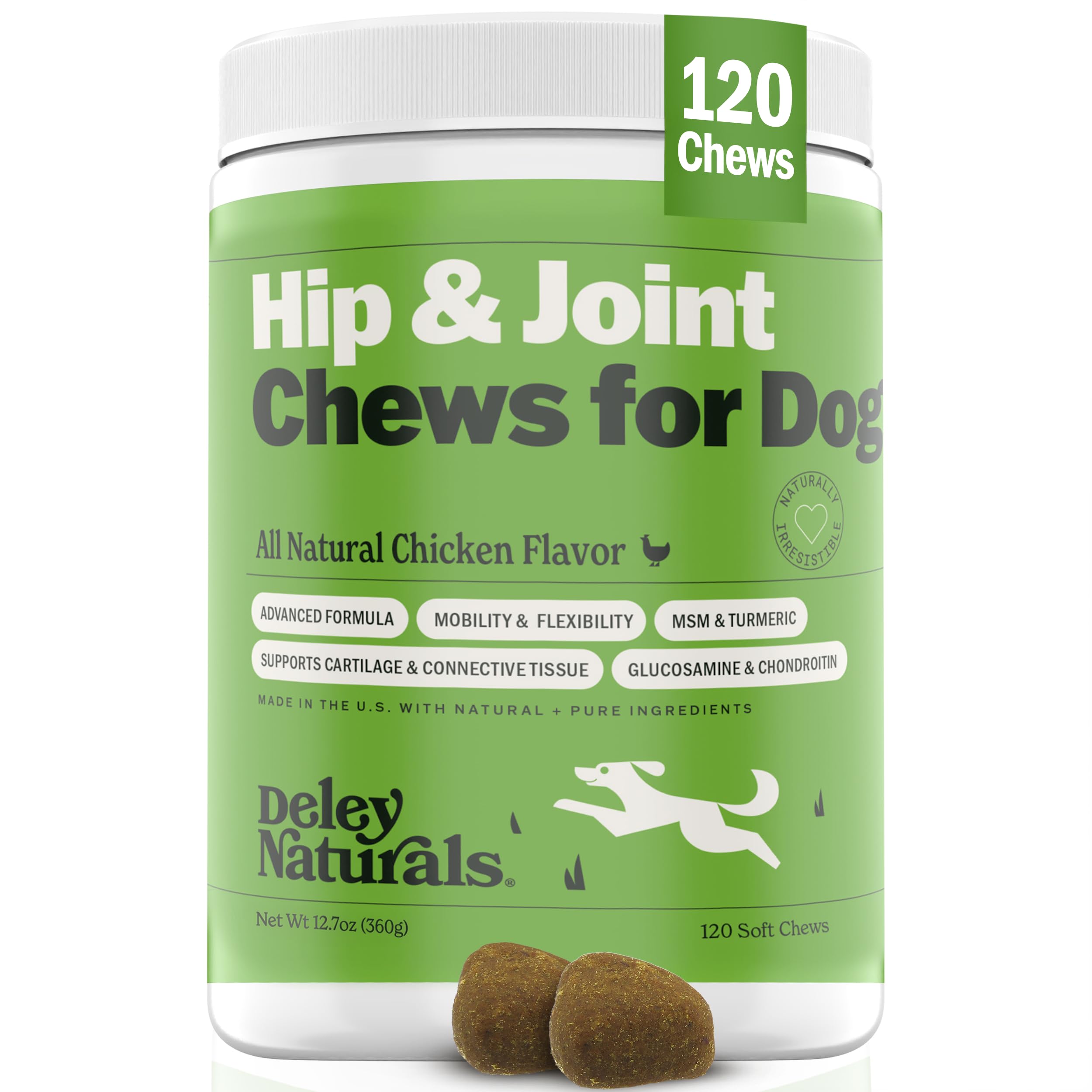 Deley Naturals Hip and Joint Supplement for Dogs - Glucosamine for Dogs with MSM, Turmeric, Chondroitin & Collagen Supplements - Joint Support Chews for Mobility, Flexibility & Comfort - 120 Chews