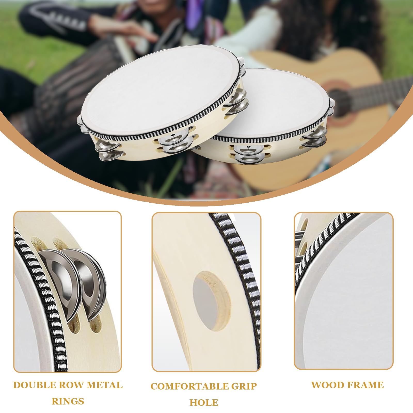 MOONBACK Pandereta para adultos de 8 pulgadas, instrumento Guiro, sonajeros de maracas y palos de ritmo de madera, gran instrumento de percusión para actuaciones en vivo y acompañamiento de banda