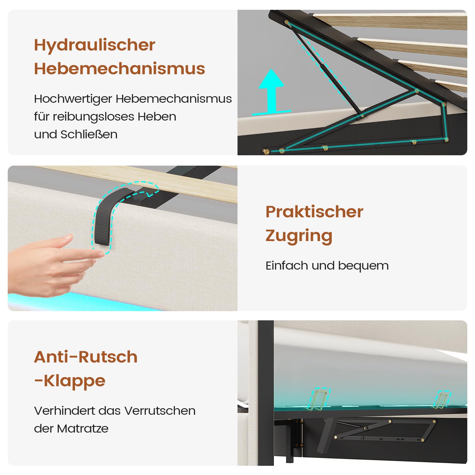 AOGLLATI Polsterbett 140 x 200 mit LED Beleuchtung und Ladestation, Bettgestell mit Höhenverstellbares Kopfteil und Stauraum, Hydraulisches Bett 140 x 200 cm,Lattenrost, Linen,Ohne Matratze,Beige