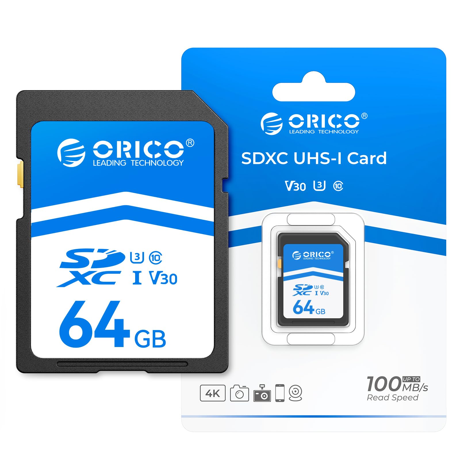 ORICO Carte SD 64 Go, UHS-I, C10, U3, V30, Full HD, 4K, Vitesse de Lecture jusqu'à 100 Mo/s, Carte Mémoire SDXC pour Appareils Photo Reflex Numériques et Hybrides Canon, Nikon, Sony, Fujifilm – SD30