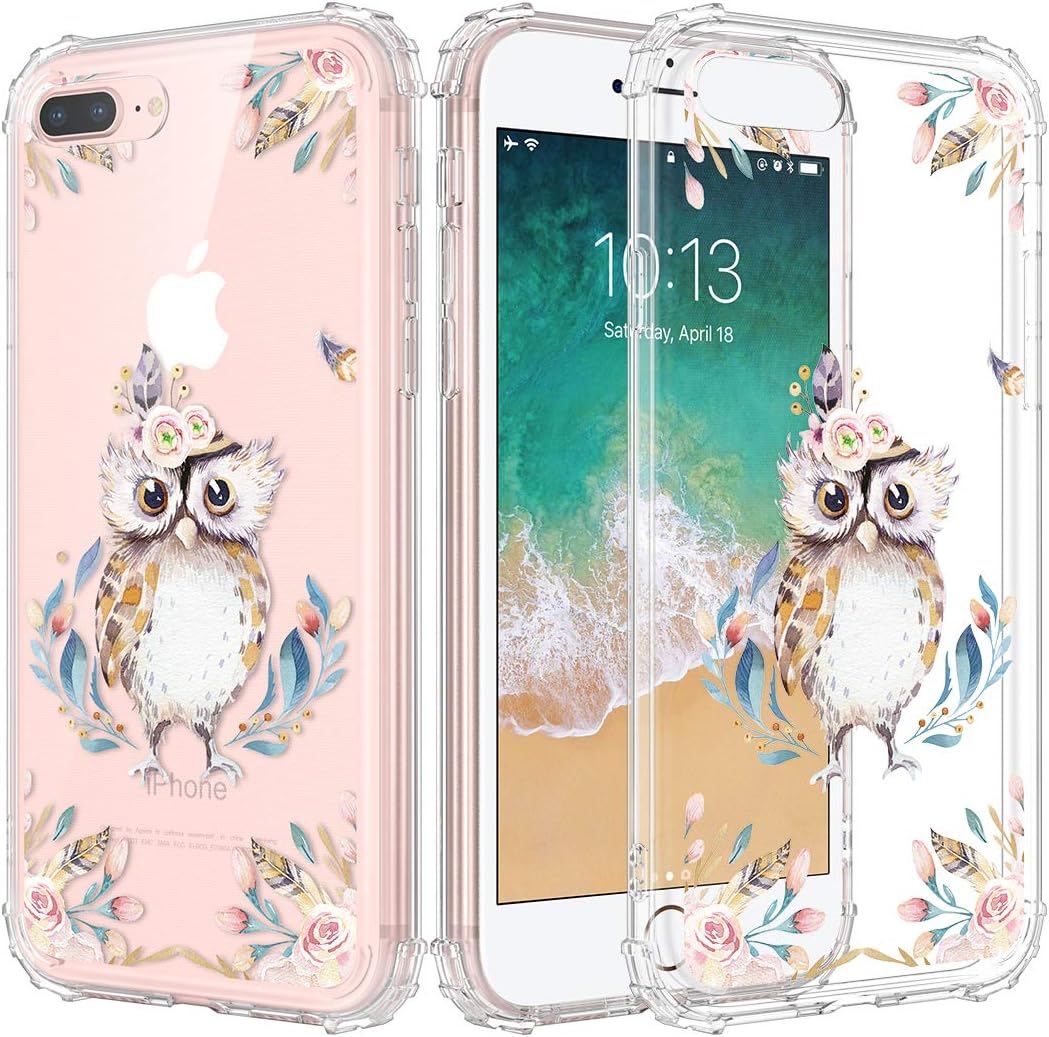 Caka iPhone 7 Plus Case, iPhone 8 Plus Clear Floral Case Flower Pattern Slim Girly Cute Anti Scratch Excellent Grip Clarity TPU Crystal Case for iPhone 6 Plus 6s Plus 7 Plus 8 Plus 5.5 inch (Owl)