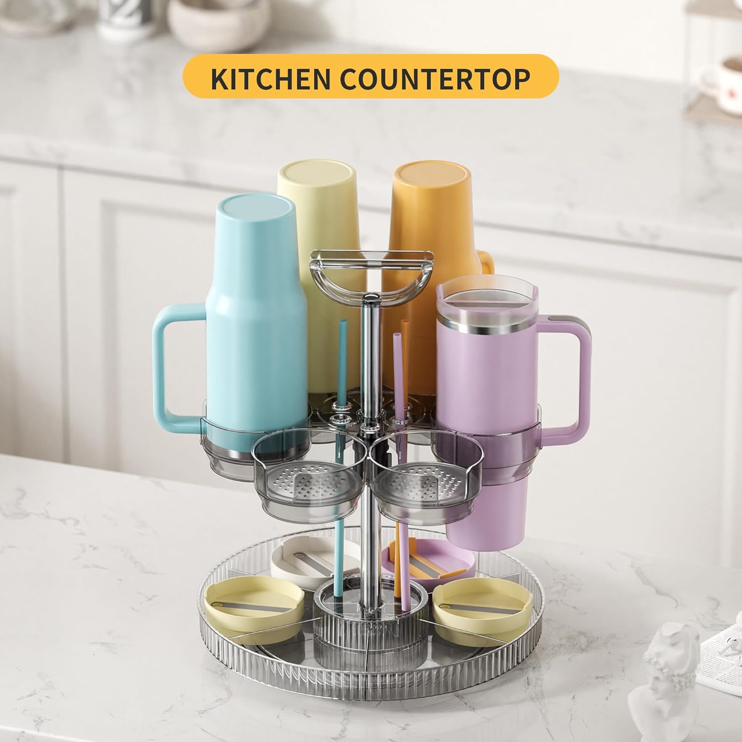 Stanley Cup Organizer, 360° Rotating Tumbler Organizer for Stanley Cup 40 Oz, Water Bottle Organizer Adjustable Height Tumbler Holder with Handle,Grey - Image 4