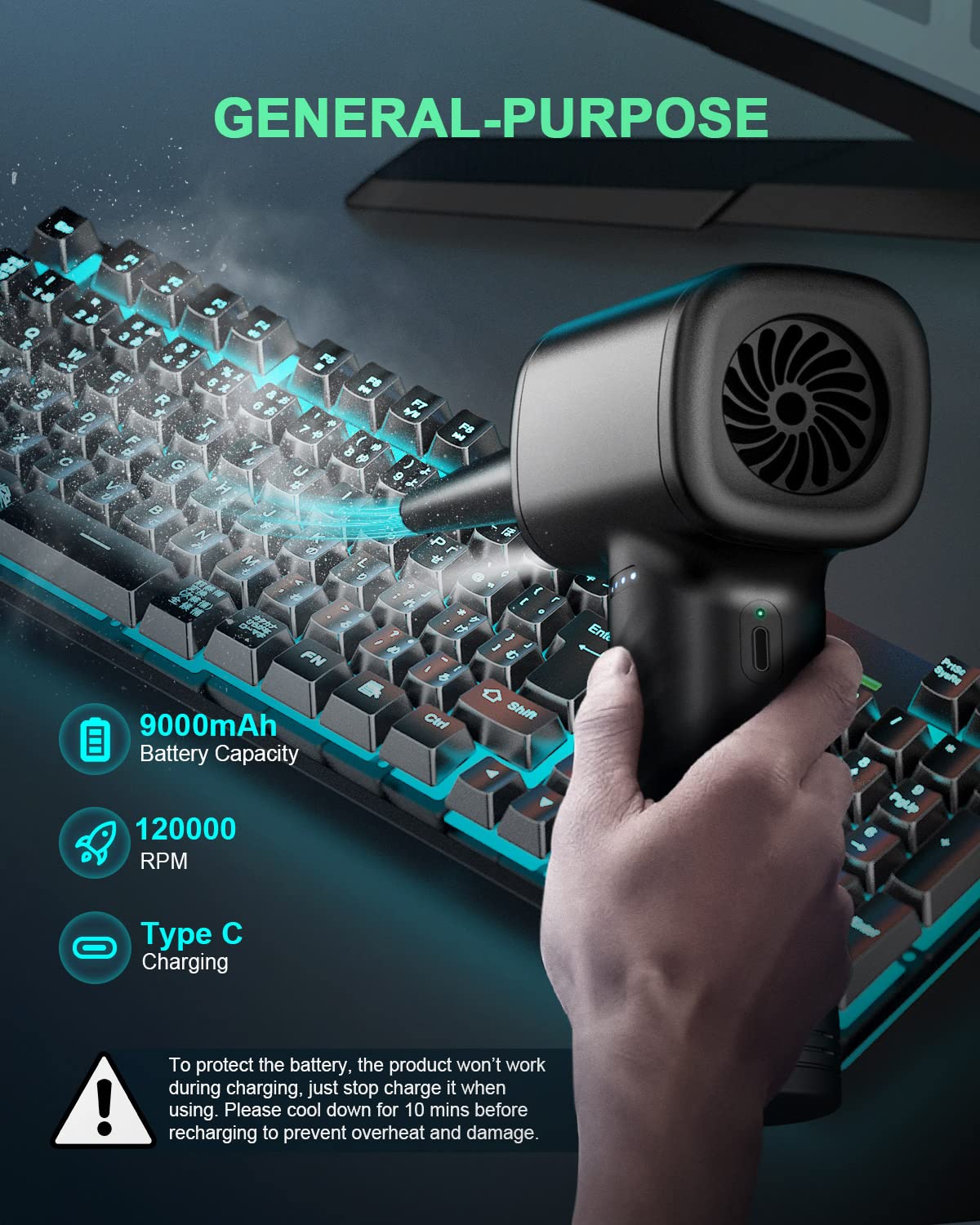 Plumeau électrique à Air Comprimé - 5 Vitesses, Fonction Soufflage/aspiration - Pour Nettoyer PC, Clavier, Voiture - Batterie 10000 MAh - 10