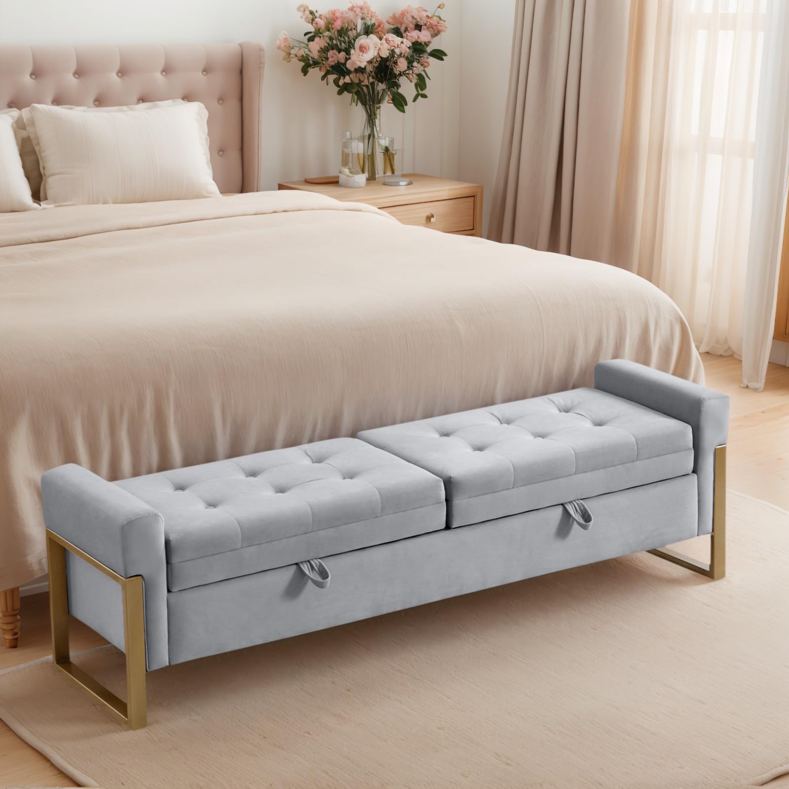 BaseBeauty 67" Storage Bench for Bedroom, King Size End of Bed Bench with Double Lids, Upholstered Storage Ottoman Bench with Golden Metal Legs,