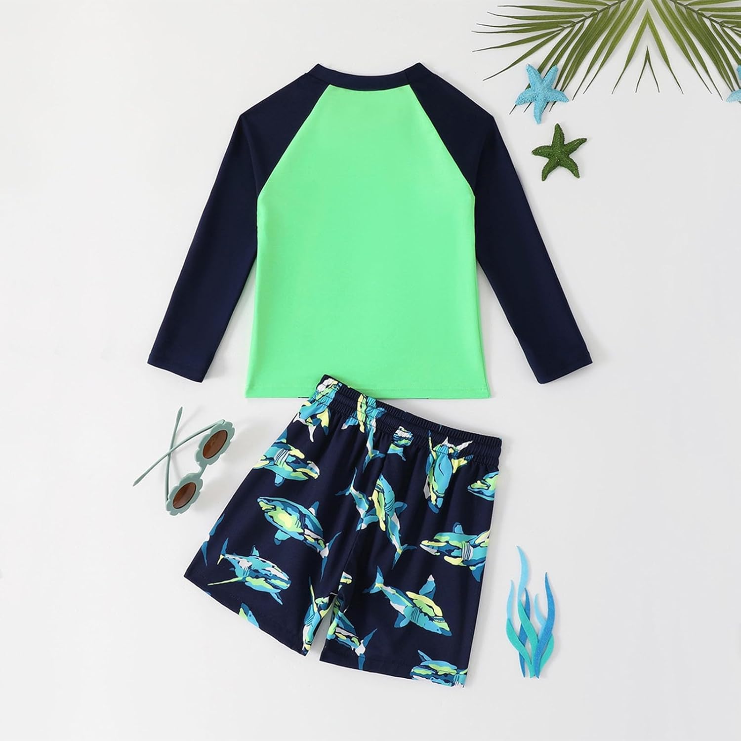 Boys' Swimwear Sets 3-Piece Quick Dry Long Sleeve Boys Uv Protection Swimwear Print Round Neck Summer Trunks Rash Guard Sets