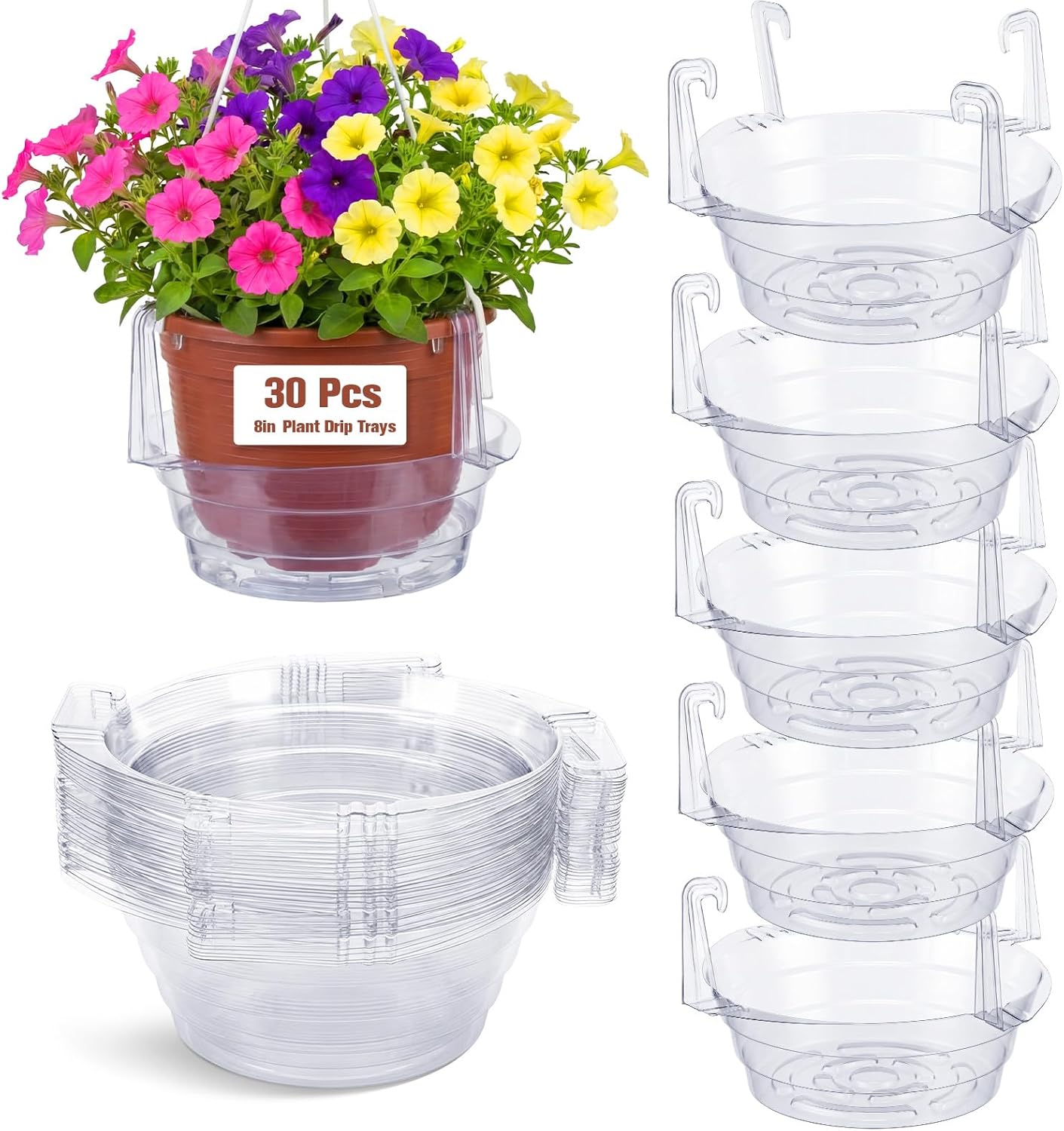 Tandefio 30 Pcs 8 Inch Hanging Plant Water Catcher Tray Bulk Plastic Clear Plant Saucer Drip Pans Plants Pot Water Catcher for Indoor Outdoor Hanging Basket Flower Pot