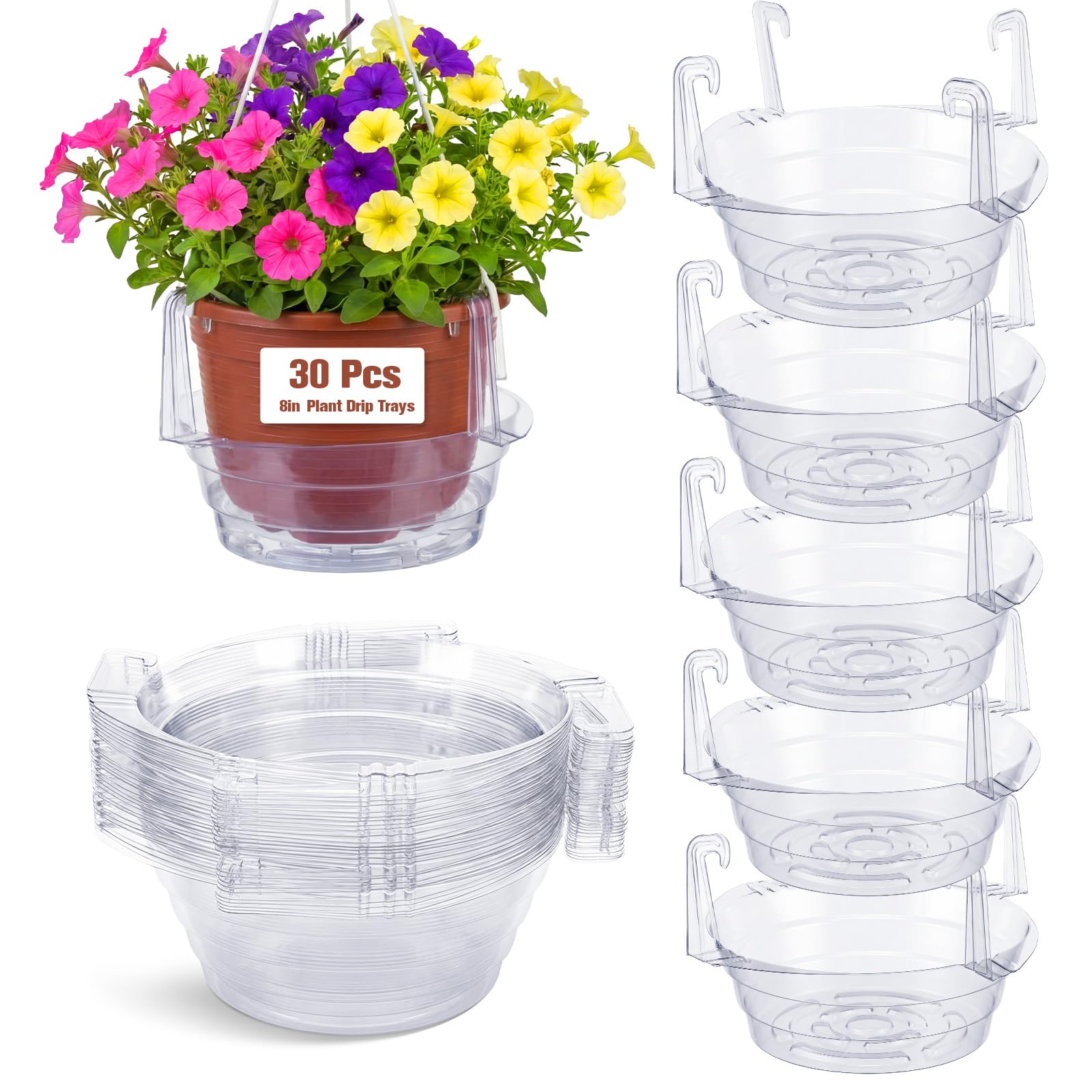 Photo 1 of Tandefio 30 Pcs Eight-inch Hanging Plant Water Catcher Tray Bulk, Plastic Clear Plant Saucer Drip Pans Hanging Basket Water Catcher for Indoor Outdoor Basket Flower Pot
