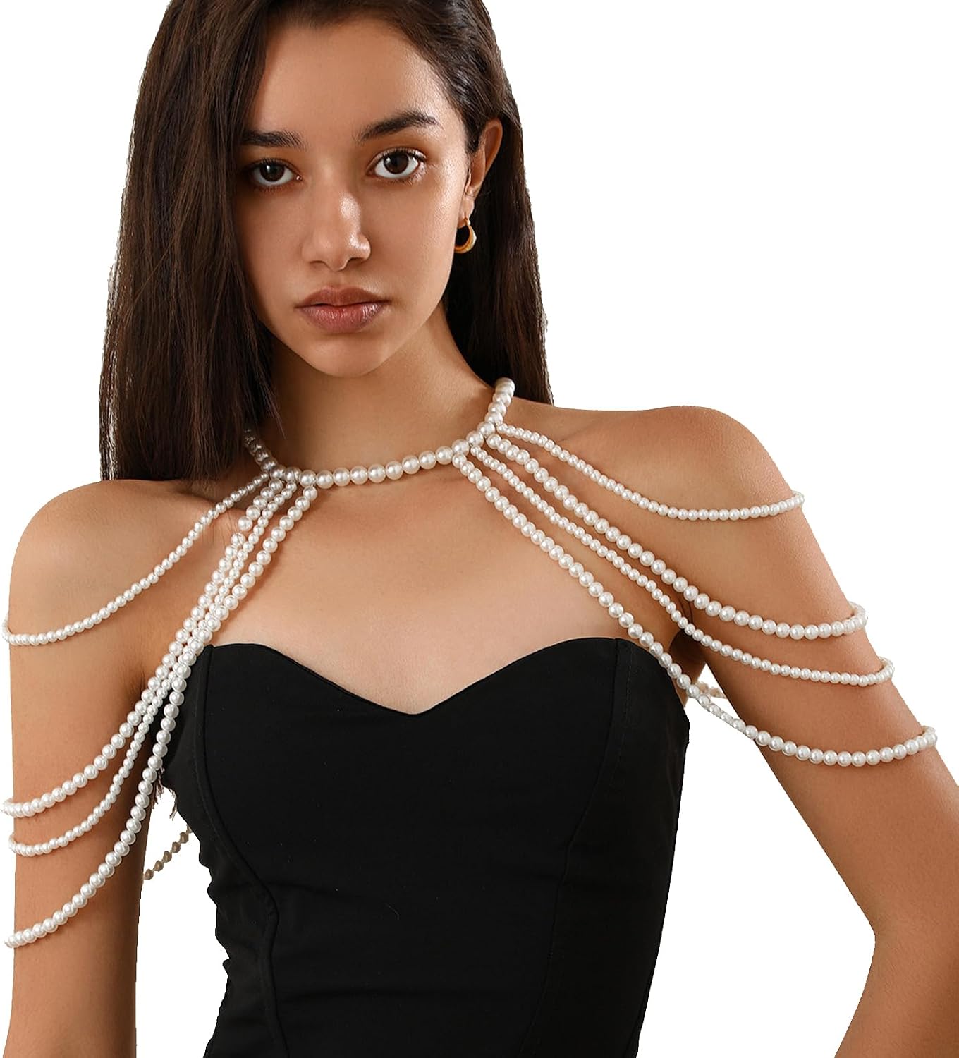 Summer Bikini Mulit-layered Bead Shoulder Body Chain Jewelry Festival Rave Pearl Neck Chain Sexy Bridal Wedding Pearl Shoulder Arm Body Chain Jewelry for Women