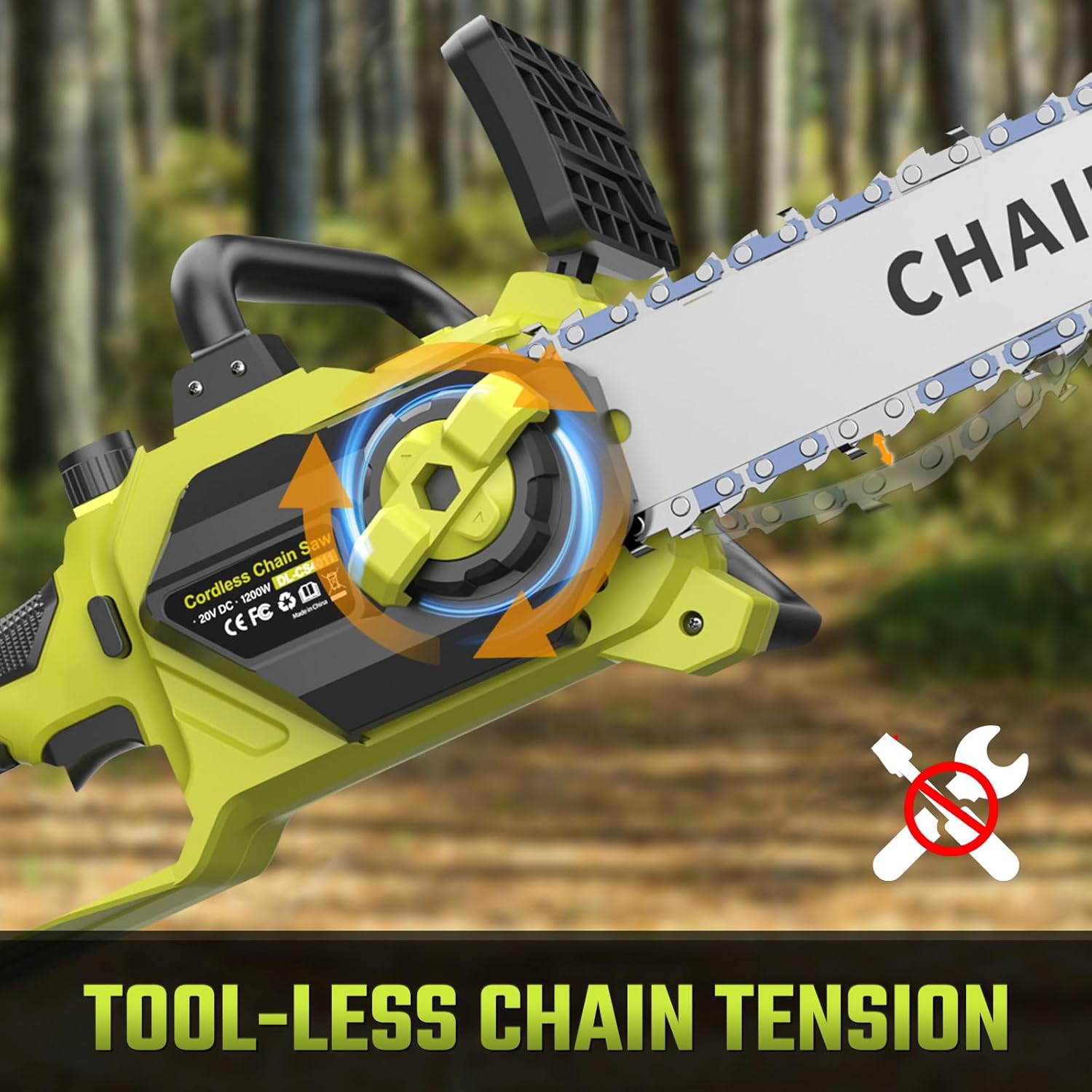Close-up of the chainsaw's tool-less chain tensioning system