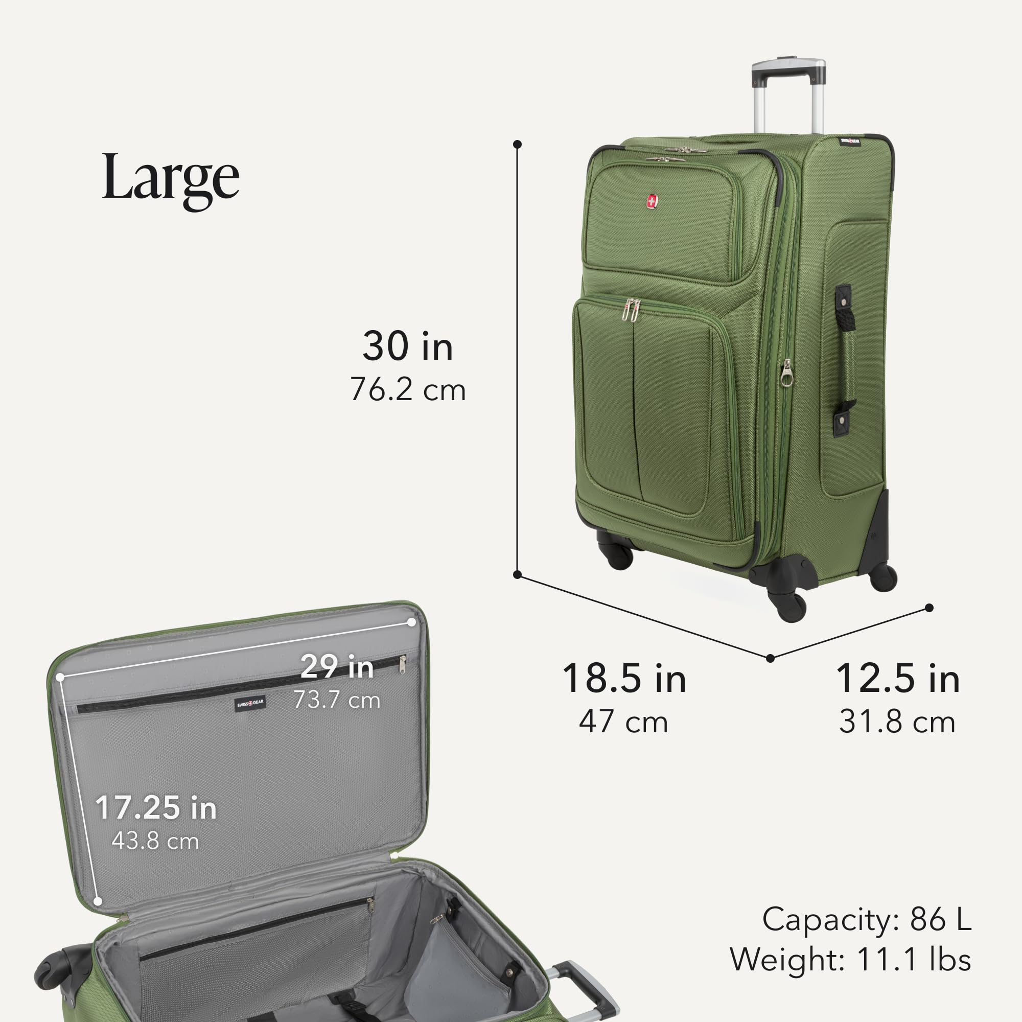 SWISSGEAR Sion Softside Expandable Spinner Luggage Durable Lightweight Travel Suitcase, Evergreen, 3-Piece Set (Carry-On/Medium/Large) view 4