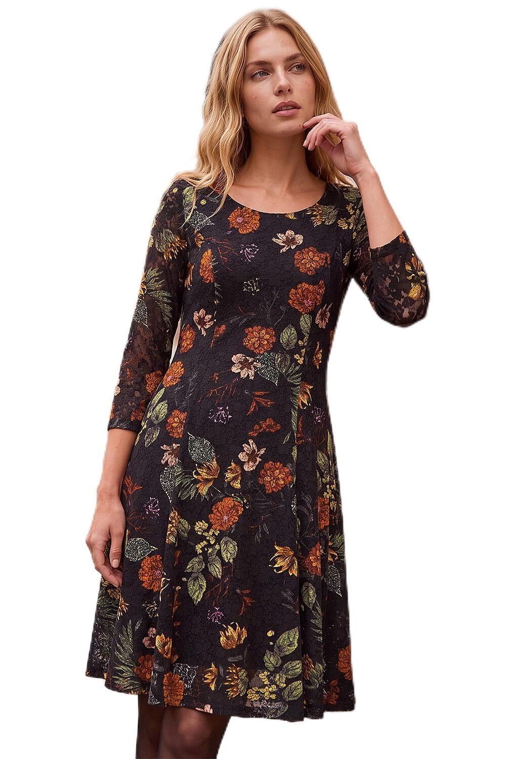 Roman Originals Women's Orange Floral Print Lace Stretch Dress For Uk - Everyday Autumn Winter Round Neckline Comfy Soft Evening Vacation Work Party Night Out - Size 20