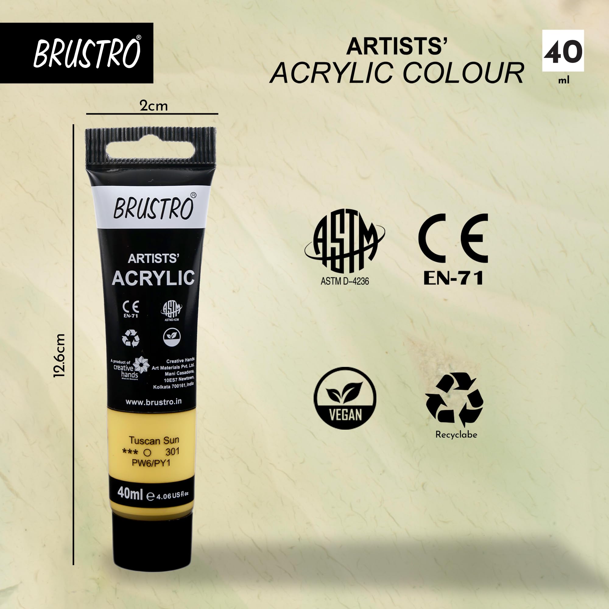 BRUSTRO Pintura acrílica para artistas, 40 ml, sol toscano, tono pastel, paquete de 6 tubos, no tóxica, a base de agua, mezclable, ideal para pintura, efectos texturizados en lienzo, papel