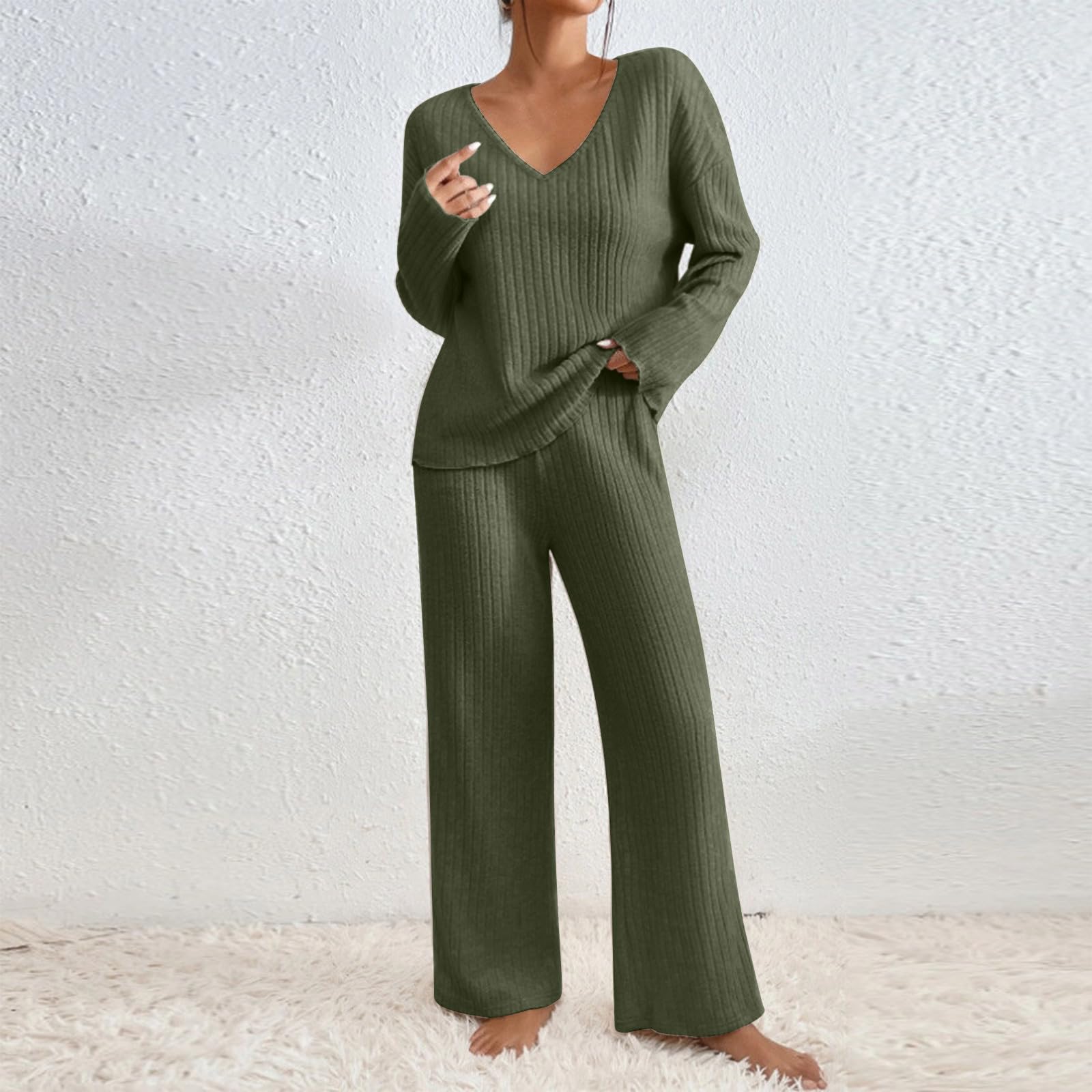 Ensemble Femme Chic Et Elegant Pantalon Et Haut 2 Pièces Vêtement De Nuit Tricot Décontracté Et Ample Vêtement D'Intérieur Sleepwear pour La Maison Survêtement Femme Ensemble Mode