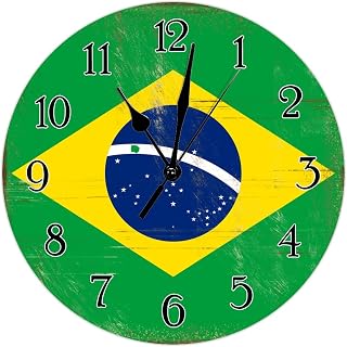 Brazil Wood Wall Clock Silent Battery Operated Art Clocks Brazil Flag Wood Clock Farmhouse Wall Decor 10inch Round Clock for Living Room Bedroom Modern National Flag Art Clock Birthday Gift