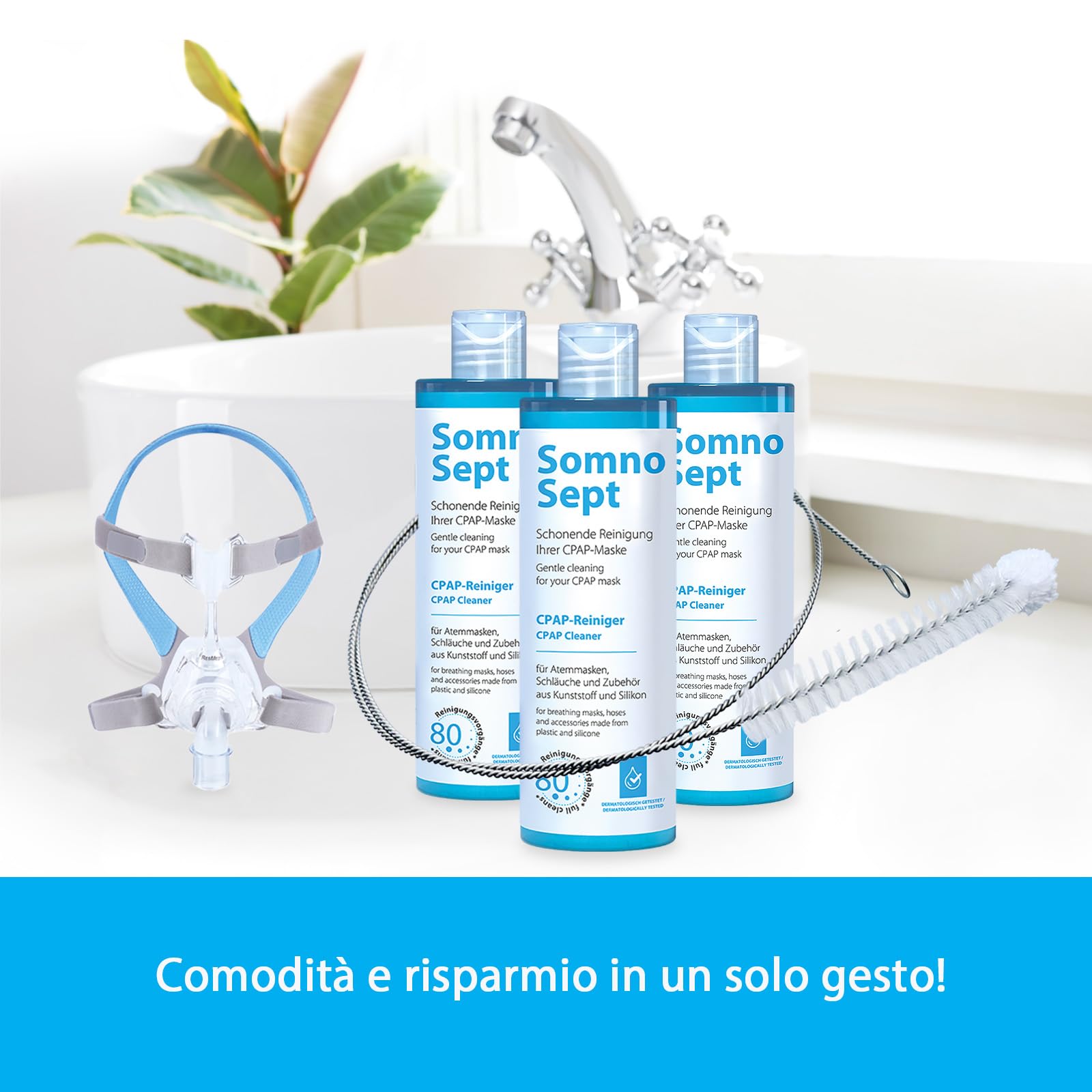 Pacchetto di pulizia CPAP – 3 x detergente CPAP SomnoSept 400 ml e 1 x spazzola per tubi oxyhero CPAP da 120 cm, 15 mm – pulizia accurata della maschera CPAP e del tubo CPAP