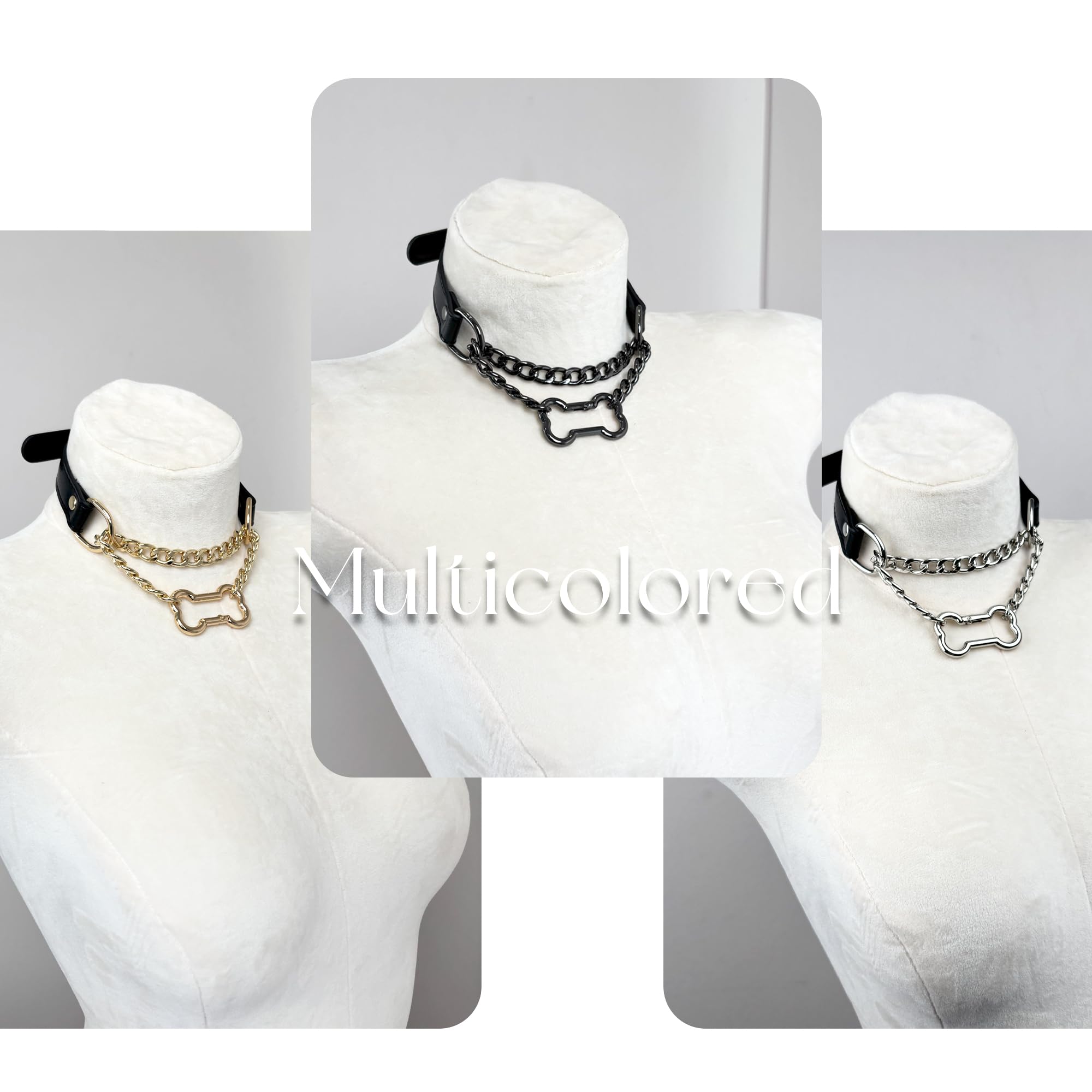 EverGlimp Gothic Slip Chain Choker Collar For Women, Black Vegan Leather Choker with Removable Bone Clasp, Adjustable Buckle Strap, Punk Alloy Chain, Party Statement Necklace: Black-GOLD