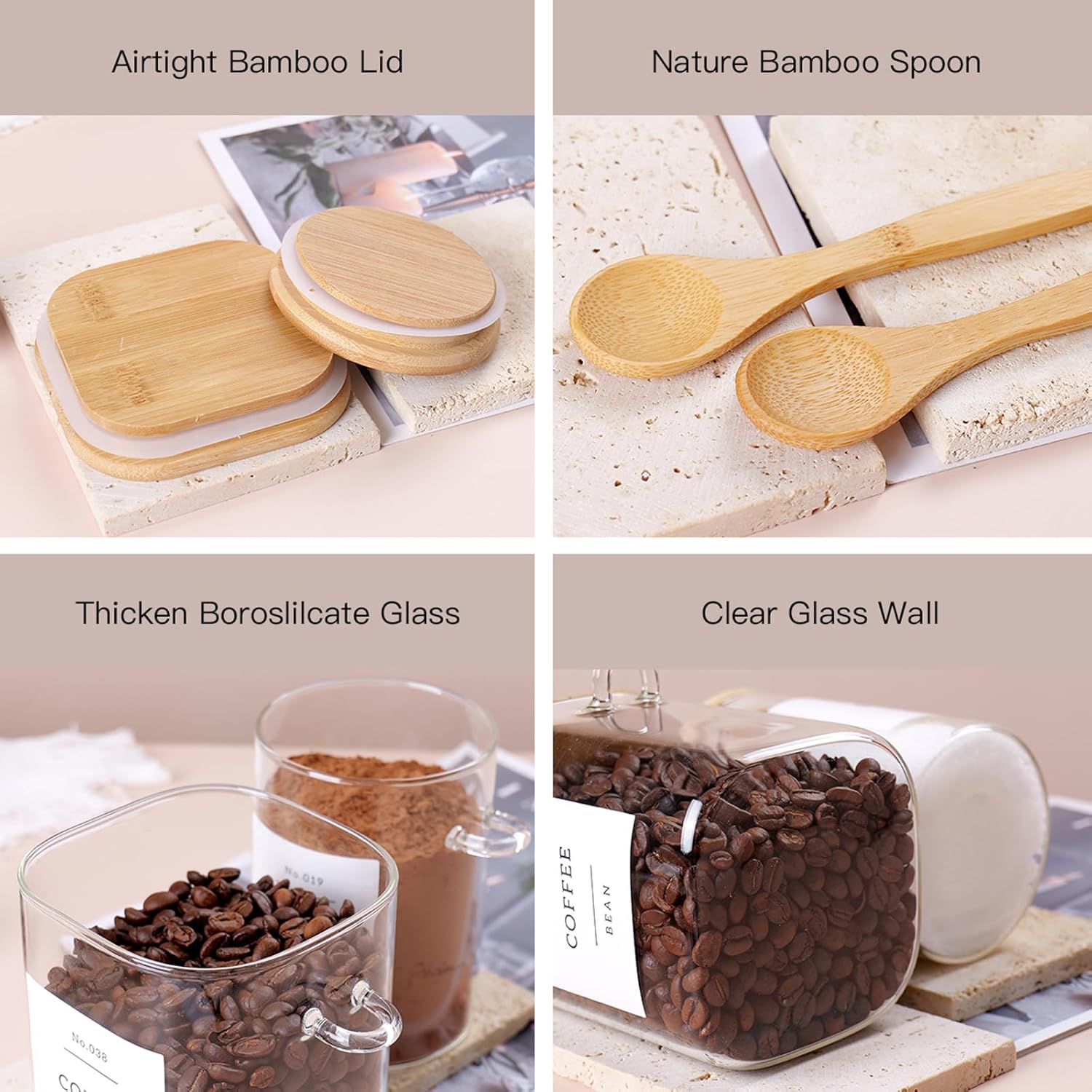 6 Pack Glass Jars with Bamboo Lid and Spoons - 17Oz/27Oz Borosilicate Glass Jars with 132 Pantry Labels - for Coffee Beans, Tea, Sugar & More - Image 6