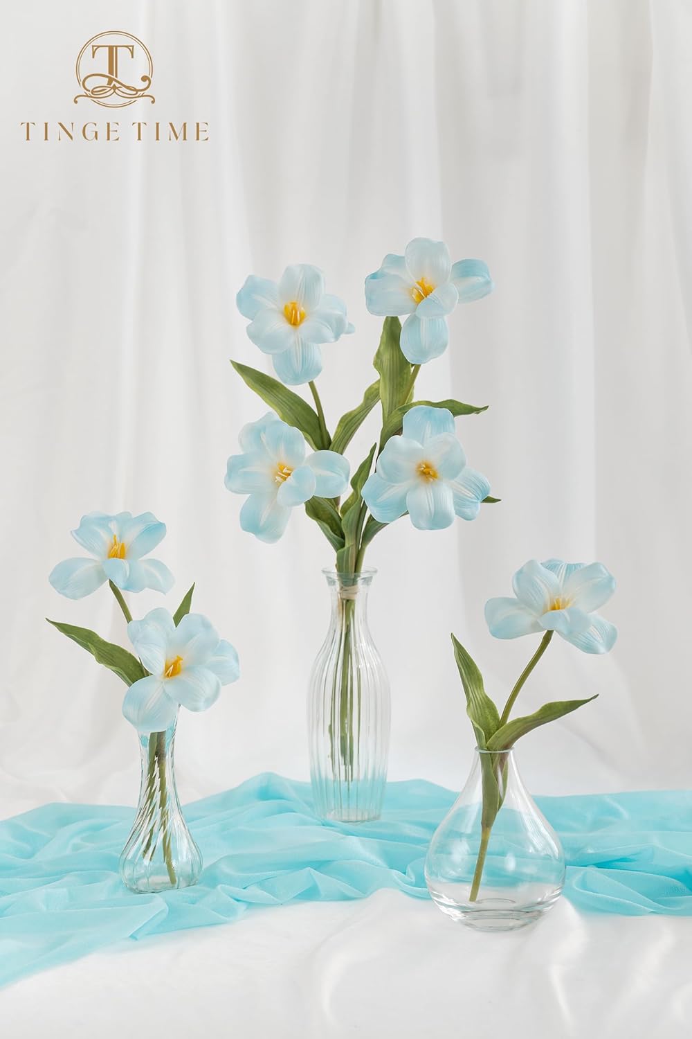 TINGE TIME 10pcs Fake Flowers, 15.3" Blooming Tulips Artificial Flowers, Real Touch Tulips for DIY Indoor Home Wedding Office Kitchen Vase Floral Arrangements (Light Blue)