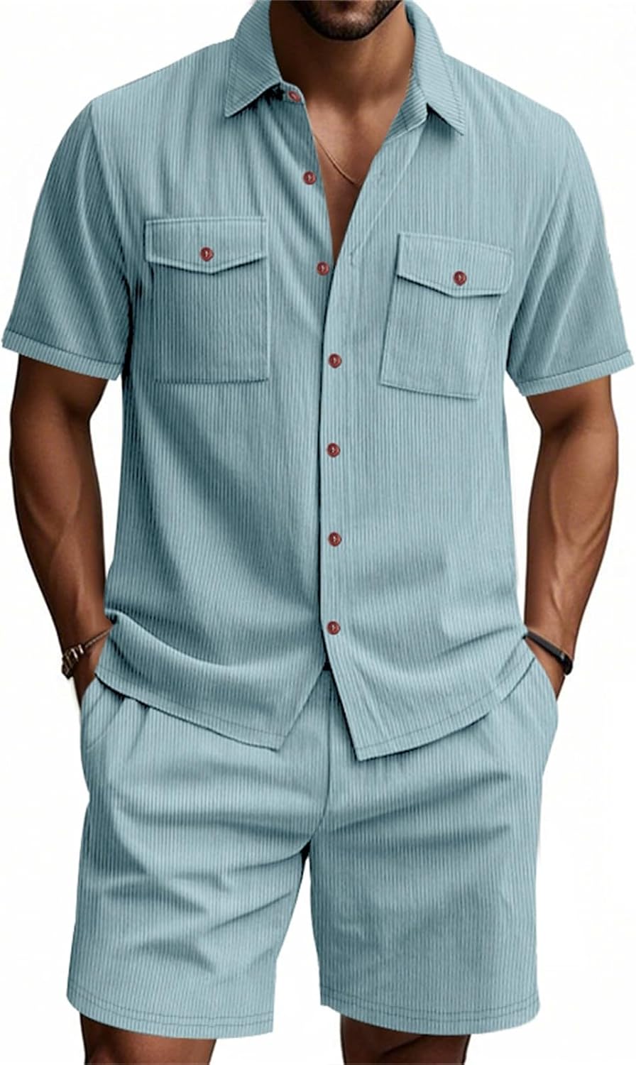 2 Piece Set for Men Corduroy Shorts Outfits Short Sleeve Button Down Shirt Breathable Summer Vacation Beach Sets Suits