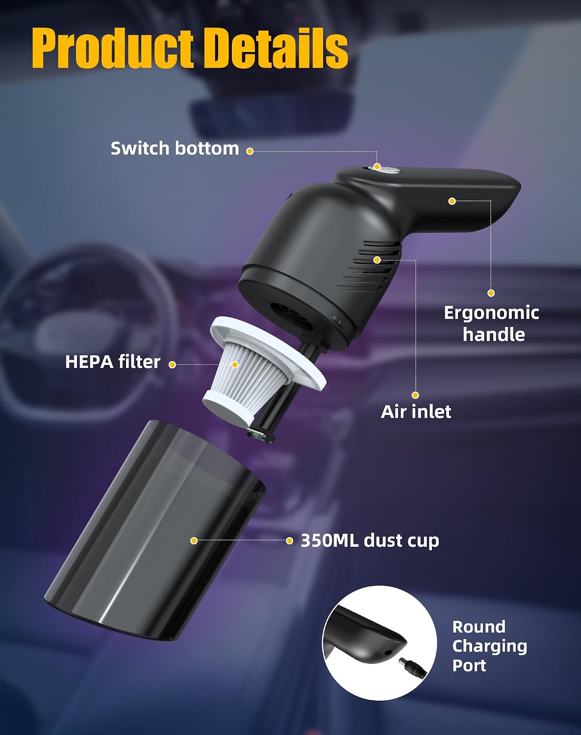 Handheld Vacuum Cordless, Car Vacuum Portable Cordless with 12000PA Strong Suction, Multi-Nozzles & 2 Washable Filters, 0.9lb Lightweight, Mini Hand Vacuum Cleaner for Car, Home, Office, Pet Hair