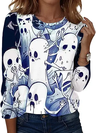 Halloween Shirts for Women Long Sleeve Plus Size Fashion Crewneck Comfortable Tshirts Halloween Costumes for Women